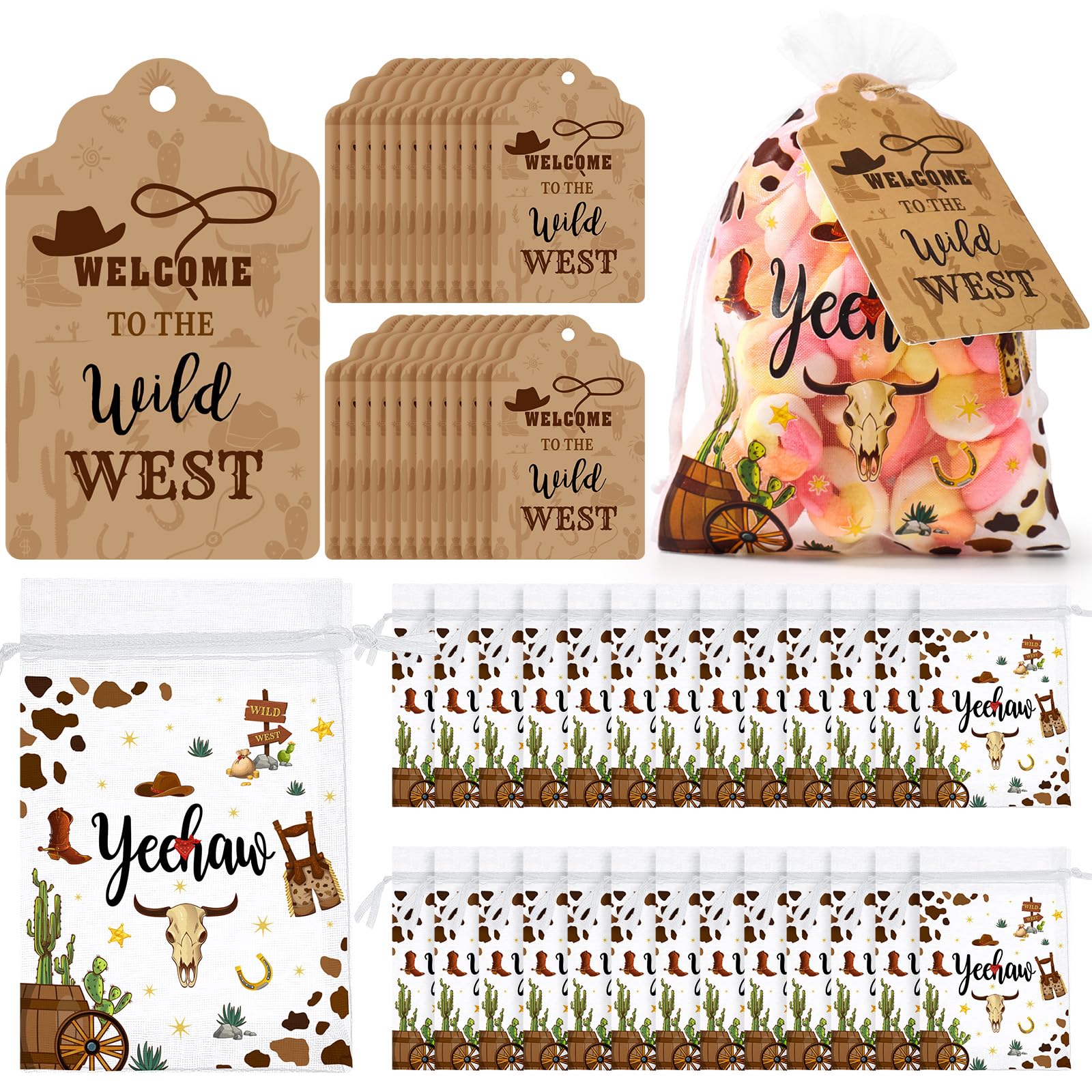 Blulu 50 Sets Western Party Decorations Western Gift Bags with Tags Wild West Candy Goodie Organza Bags for West Cowboy Wedding Birthday Baby Shower