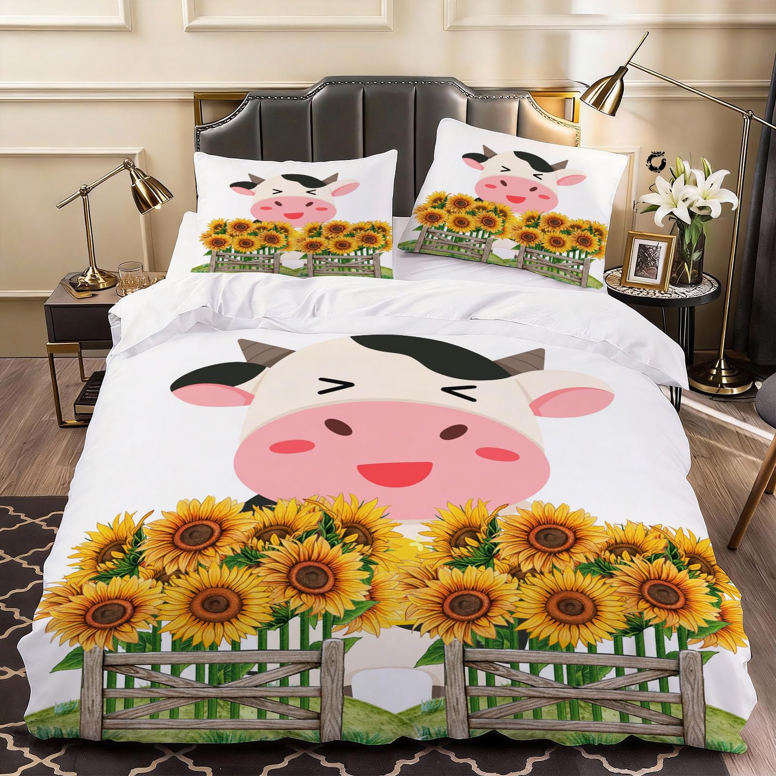 3D Milk Cow Animal Pattern Duvet Cover Sunflowers Bedding Double Bed Set, Soft Microfiber Comforter Cover Printed with Zipper Closure Quilt Coverr 200x200 cm and 2 Pillowcases