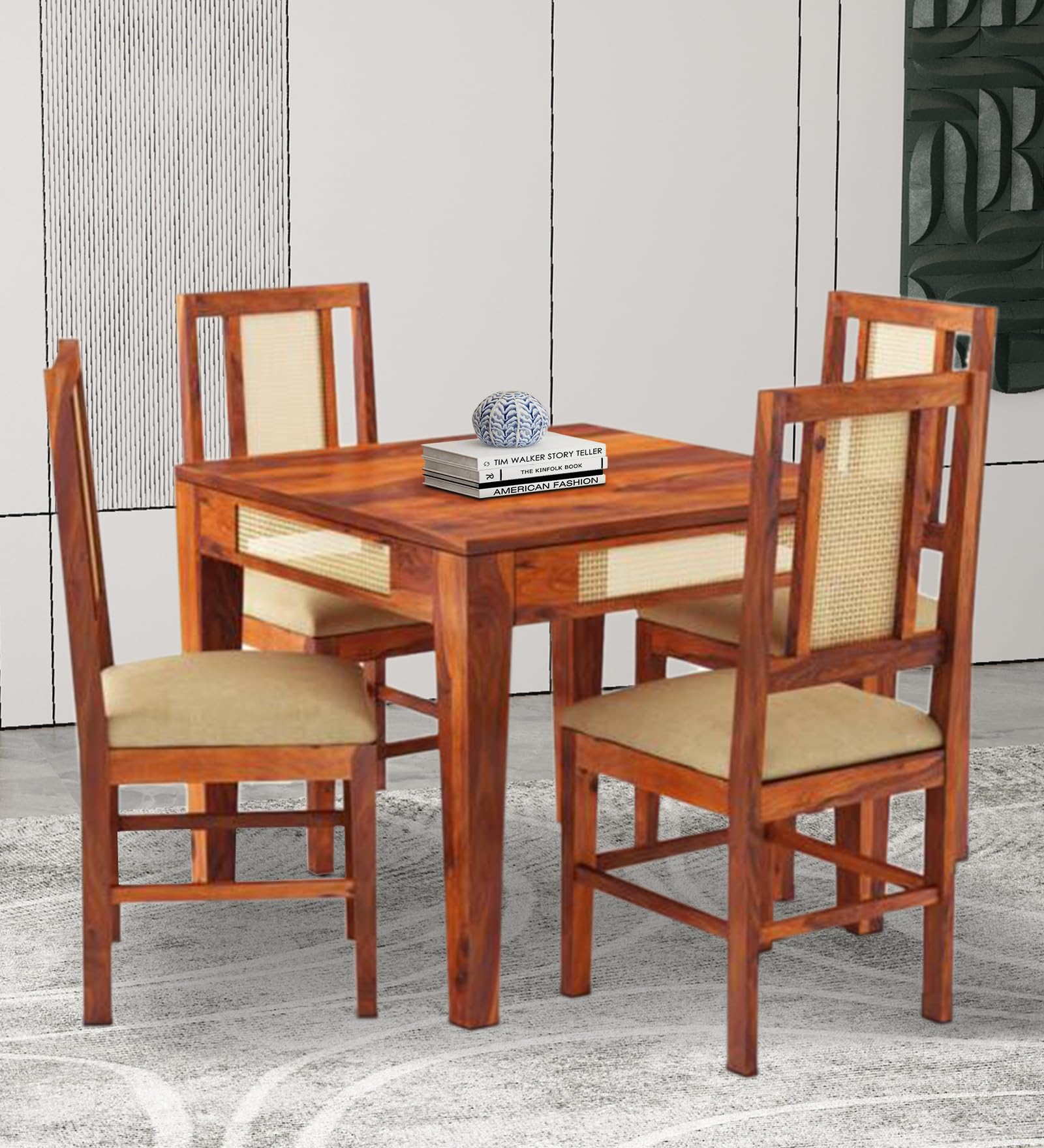 sheesham wood 4 seater dining table set with cane chairs | solid wooden dining table with four cane back chairs | handcrafted dining set for dining room, kitchen & home | honey finish