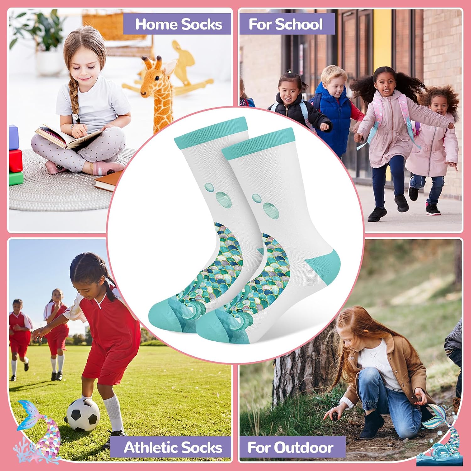 Girls Socks Mermaid Tail Unicorn Flowers Fruit Printed Pattern Cute Crew Ankle 6 Pairs 3-14Y Kids Birthday Gift