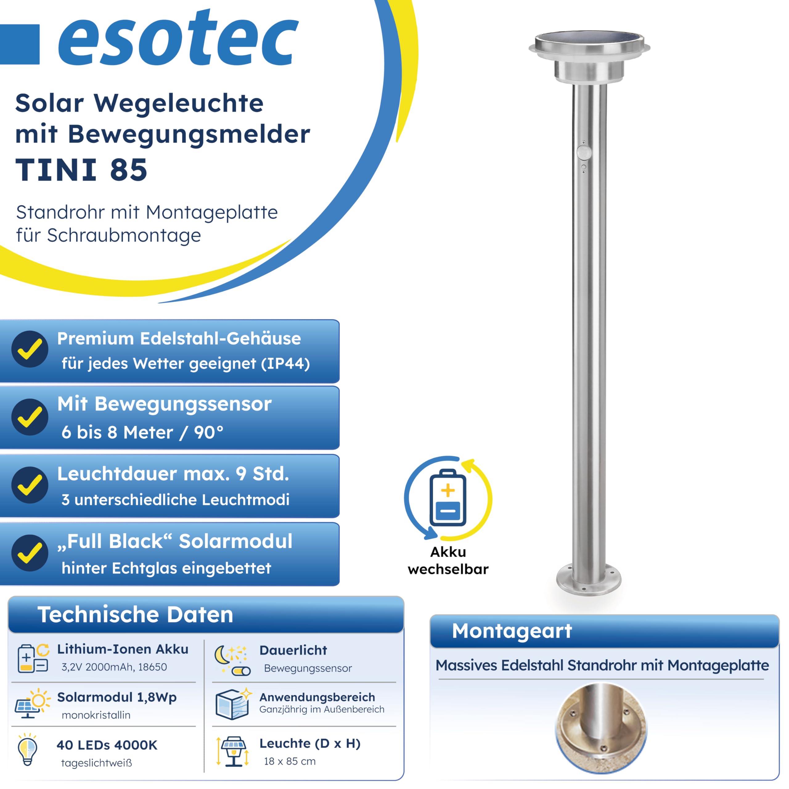 esotec Solarlampen für außen mit Bewegungsmelder, Solarleuchten Garten, Solar Wegeleuchten für außen, Gartenbeleuchtung Solar Außen H=85cm 600lm 102597