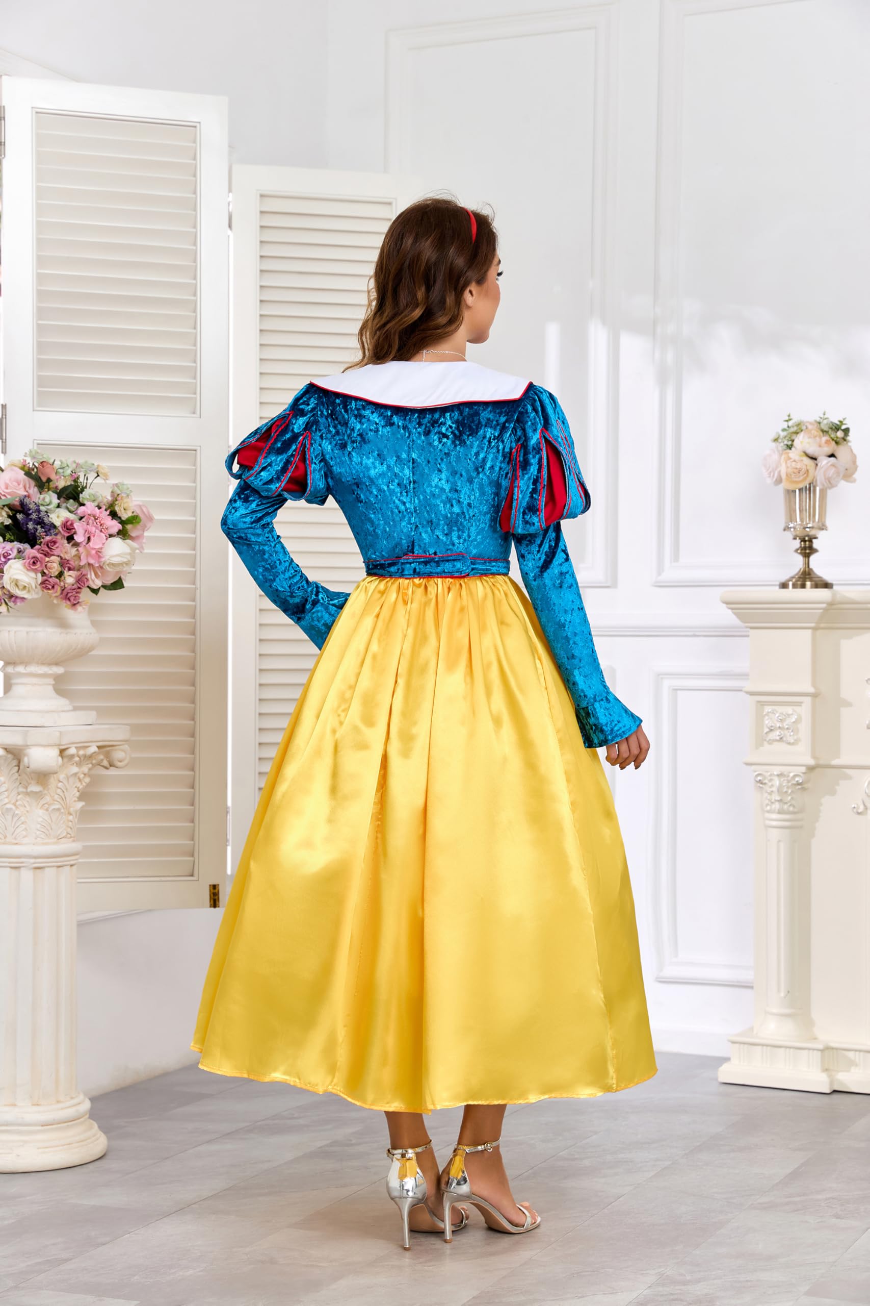 Disfraz de cuento de hadas para mujer, disfraz de Blancanieves con lazo rojo, diadema, capa, Halloween, carnaval, princesa