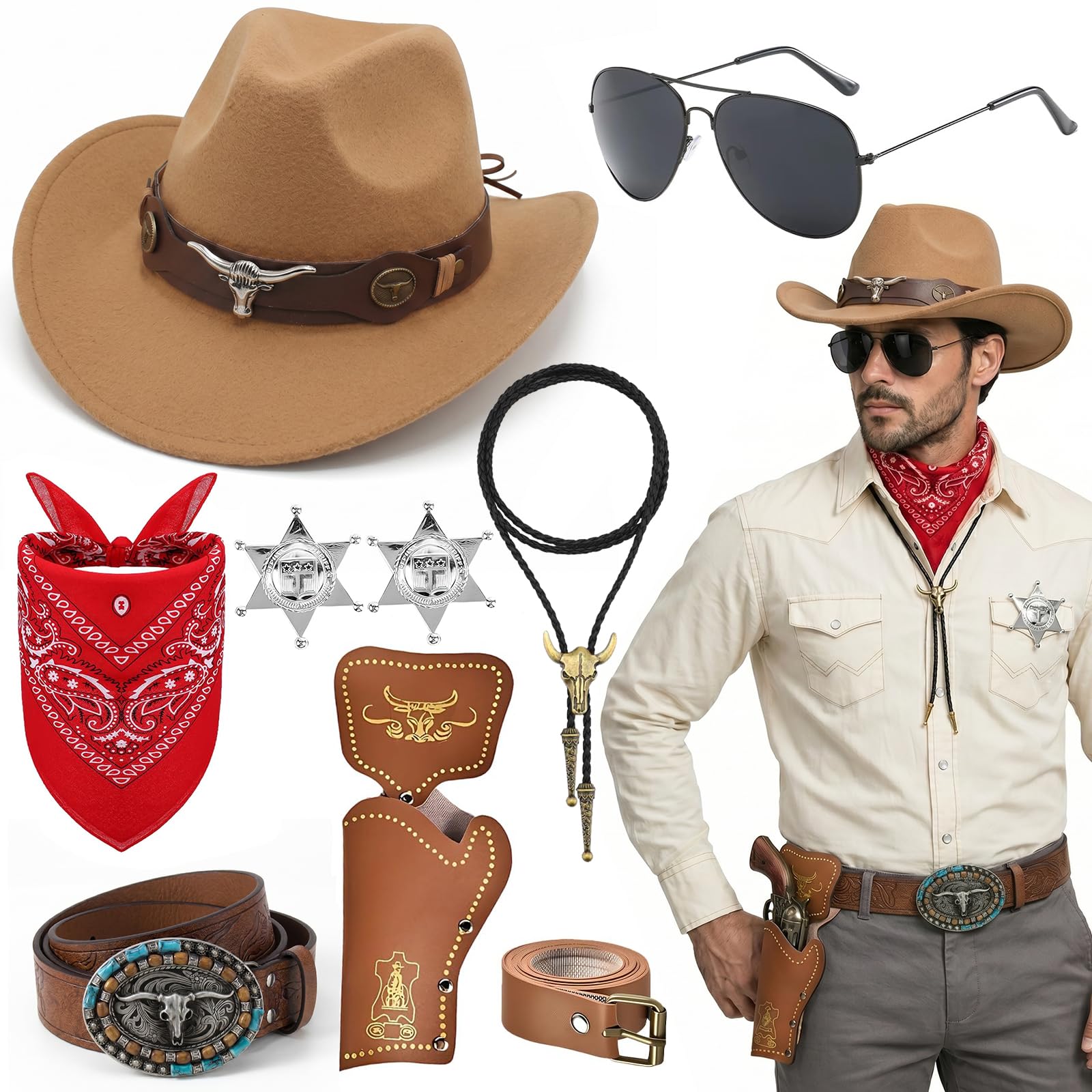 iSharely 9PCS Western Cowboy Accessories Set, Wild West Fancy Dress Costume with Hat Glasses Bandana Bolo Tie Badge Belt & Holster Cowboy Outfit for Men Women Halloween Rodeo Party Cosplay (Camel)