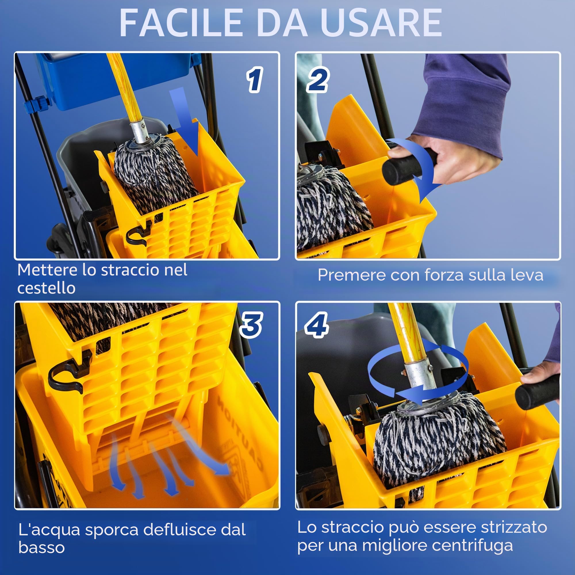 HOMCOM Carrello secchio per mocio con strizzatore, doppio secchio, 2x26L