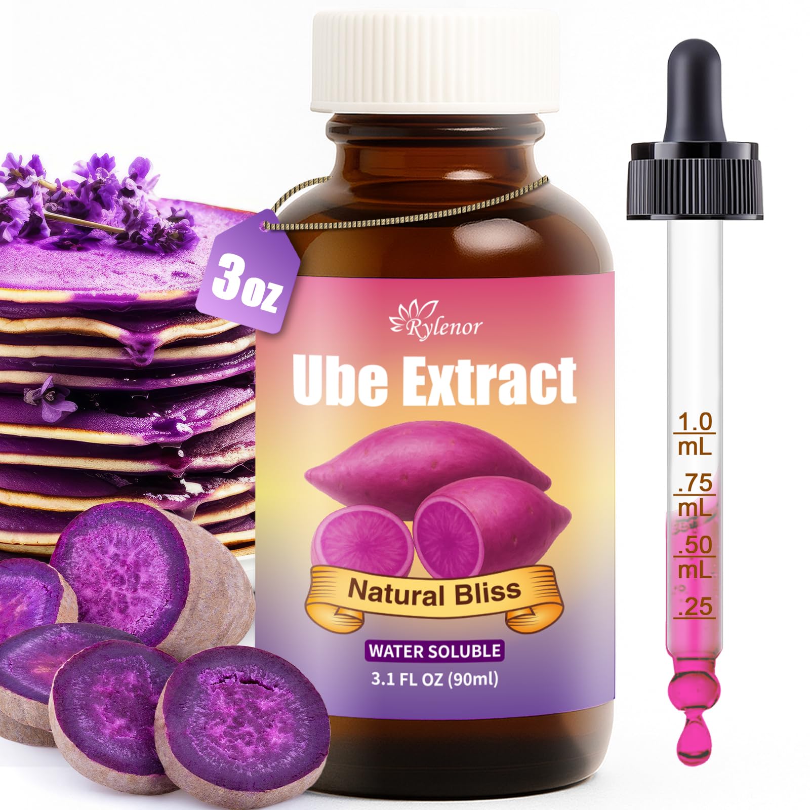 Rylenor 3oz Ube Extract for Baking–Purple Yam Flavoring for Latte, Desserts & Drinks, Ube Flavoring for Ice Cream, Ube Cake, Sugar-Free, Gluten-Free, Alcohol-Free with Dropper