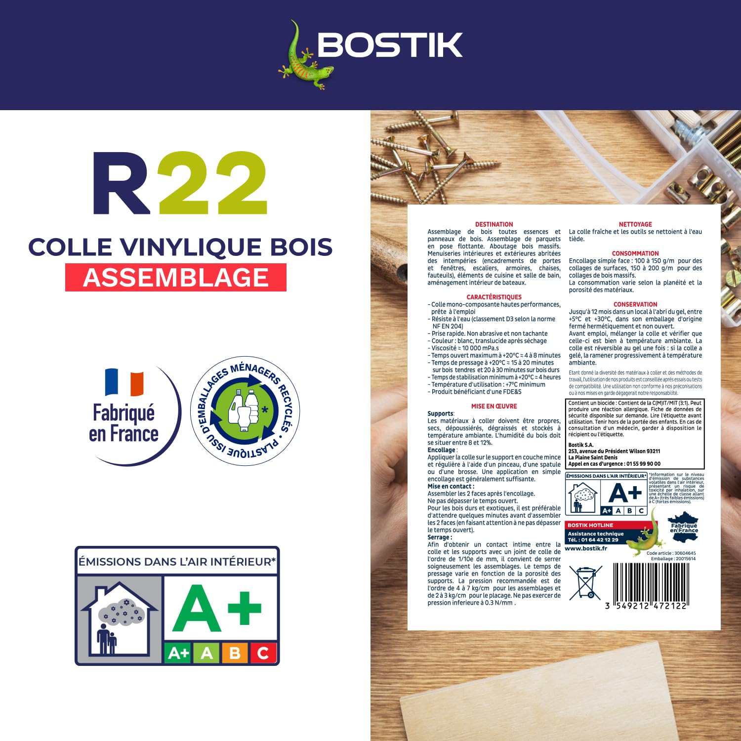 Bostik Colle Vinylique Bois R22 - Prise Lente - Colle d'Assemblage et de Placage du Bois - D1 Menuiseries Intérieures - Meubles - Blanc - Seau de 5 kg