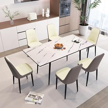 YYQ Extendable Dining Table Set for 6, 7 Piece Dining Table Set with 47-63 Expandable Table and 6 Upholstered Chairs, Extendable Modern Kitchen Table Set for Dining Room, Apartment and Office