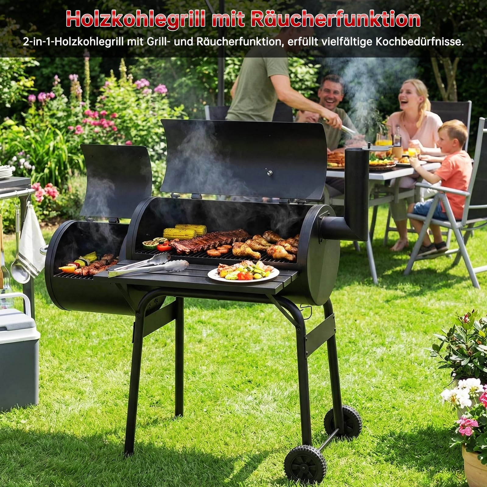 TLSUNNY Holzkohle Smoker Grill mit Schornstein, Holzkohlegrill Grillwagen mit 2 Kammern, Thermometer, Grillablage, 2 Rädern, Räucherofen und Grillfunktion, Smoker Räucherofen für Grillpartys