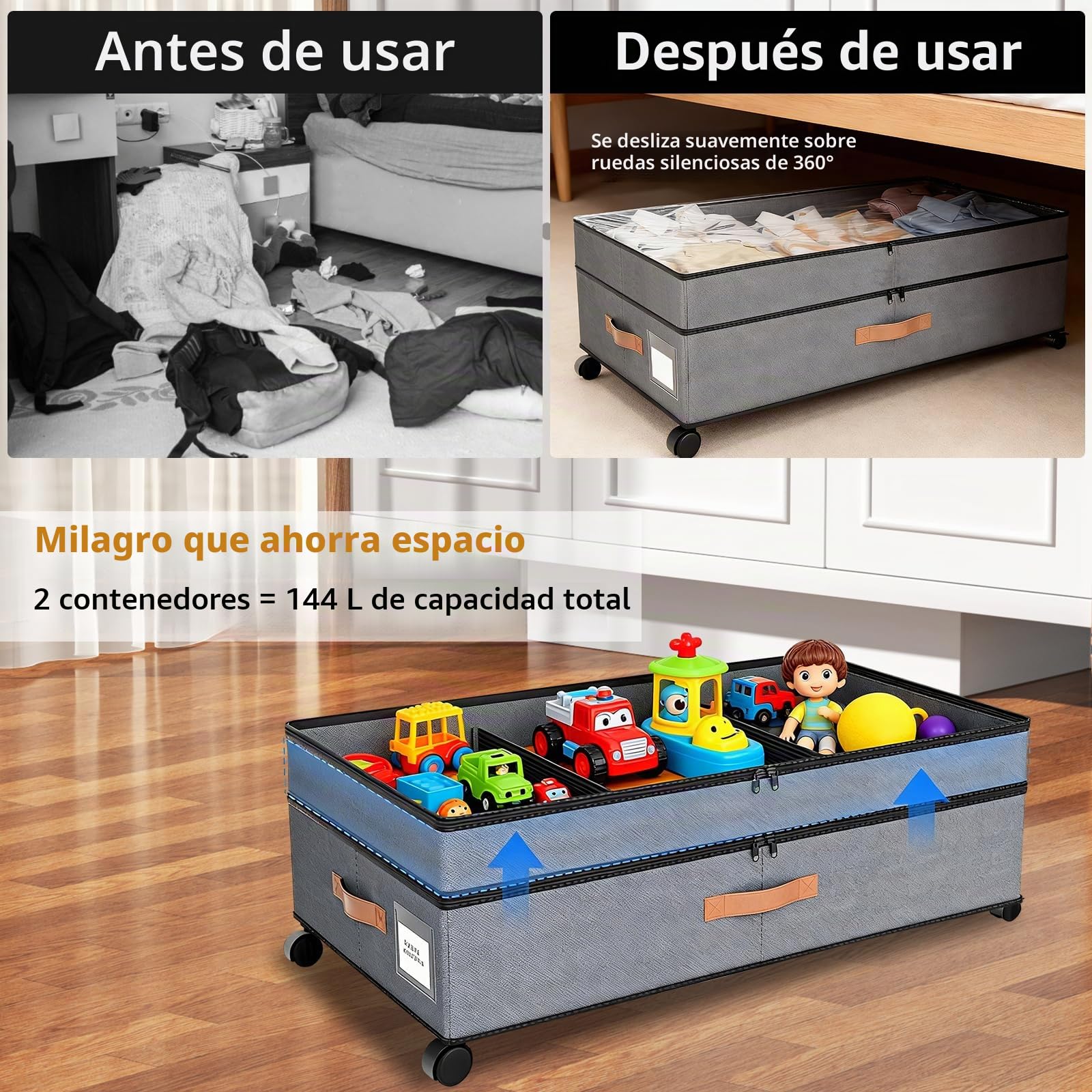 2 Piezas Cajas Almacenaje Ropa Bajo Cama con Ruedas 360°, 72L Gran Capacidad Organizador Zapatos y Mantas, Caja con Tapa Transparente y Asas Reforzadas, Gris