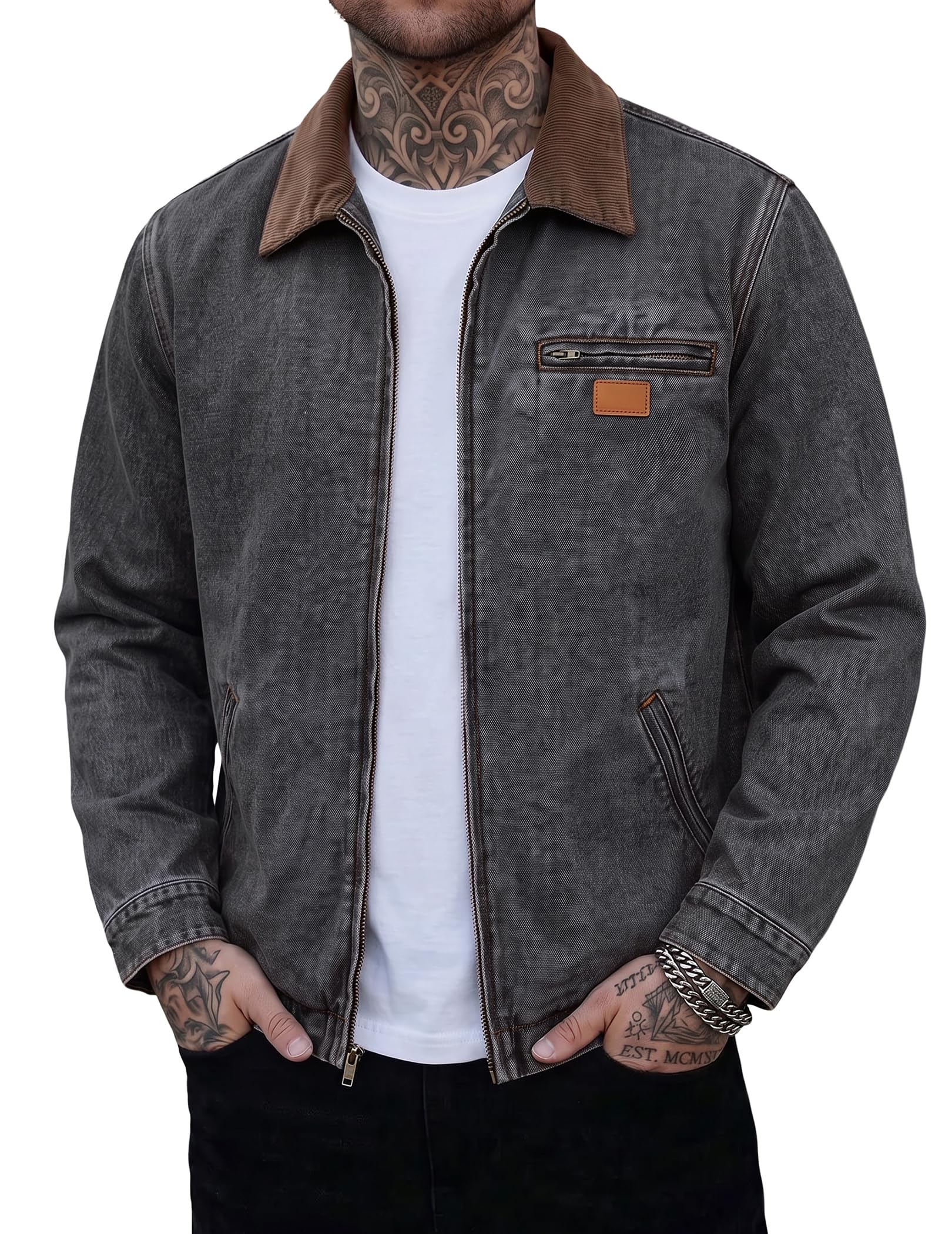 JMIERR Mens Casual Denim Jacket Corduroy Collar Zip Detroit Jean Coat