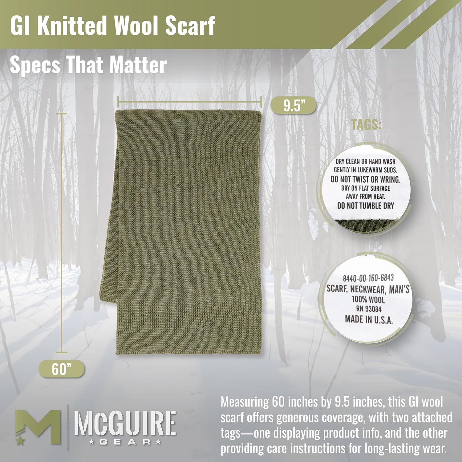 M MCGUIRE GEAR Genuine US Army Military GI 100% Wool Warm Winter Scarf, Made in USA - Image 3