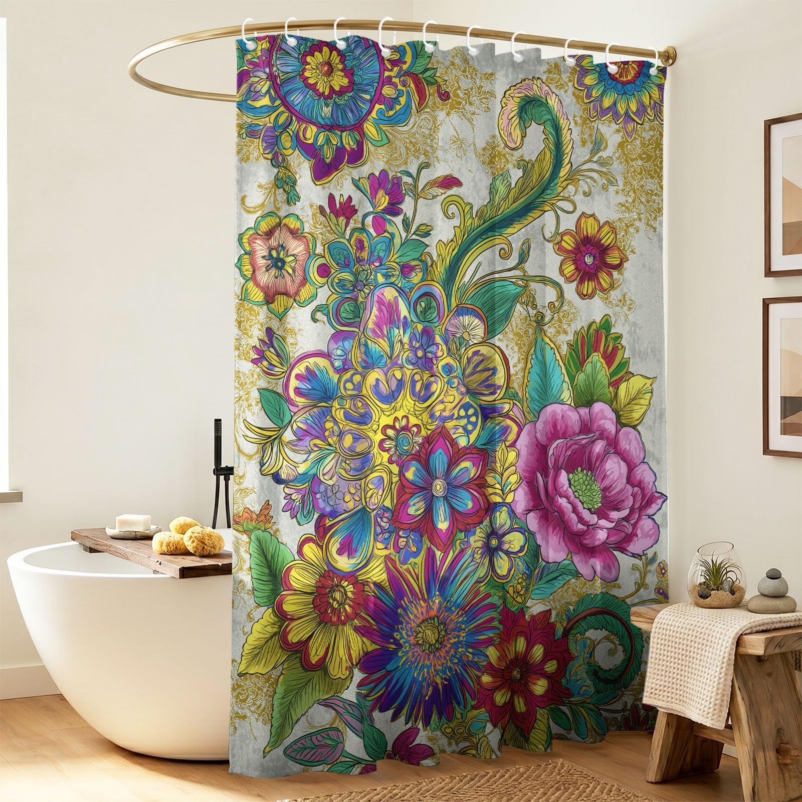 Générique Rideau Douche Luxueux Floral, Rideau de Douche 180 x 200 cm Anti Moisissure Tissu Lavable Romantique Pivoine Liane Rideaux Salle de Bain Baignoire avec Crochets, Vert