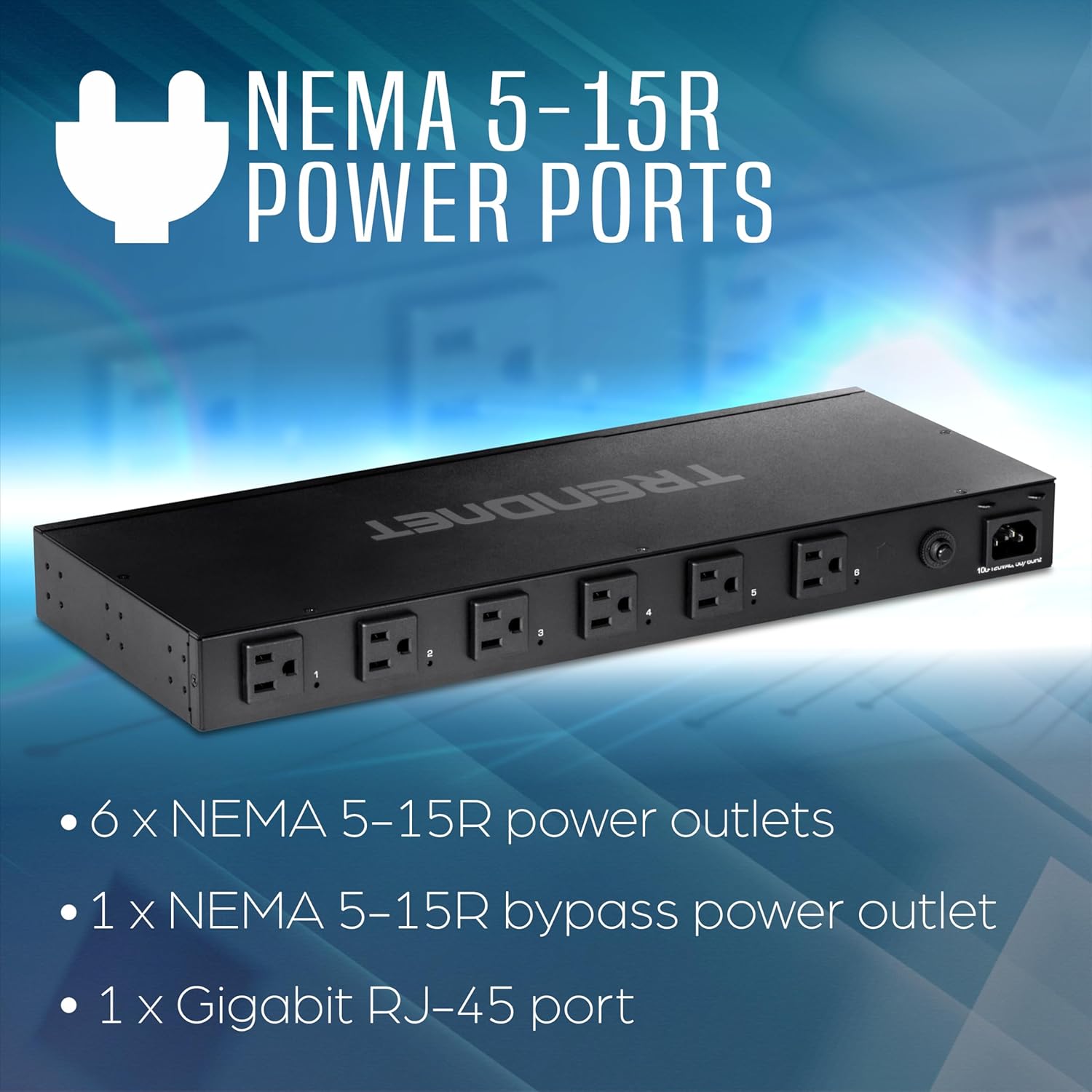TRENDnet 6-Outlet Managed PDU, TPI-06, Rackmount Power Distribution Unit, UL Certified, 1 x NEMA 5-15R Bypass Power Outlet, 1 x Gigabit RJ-45 Port, Overload Protection, Surge Protection 2160J, Black