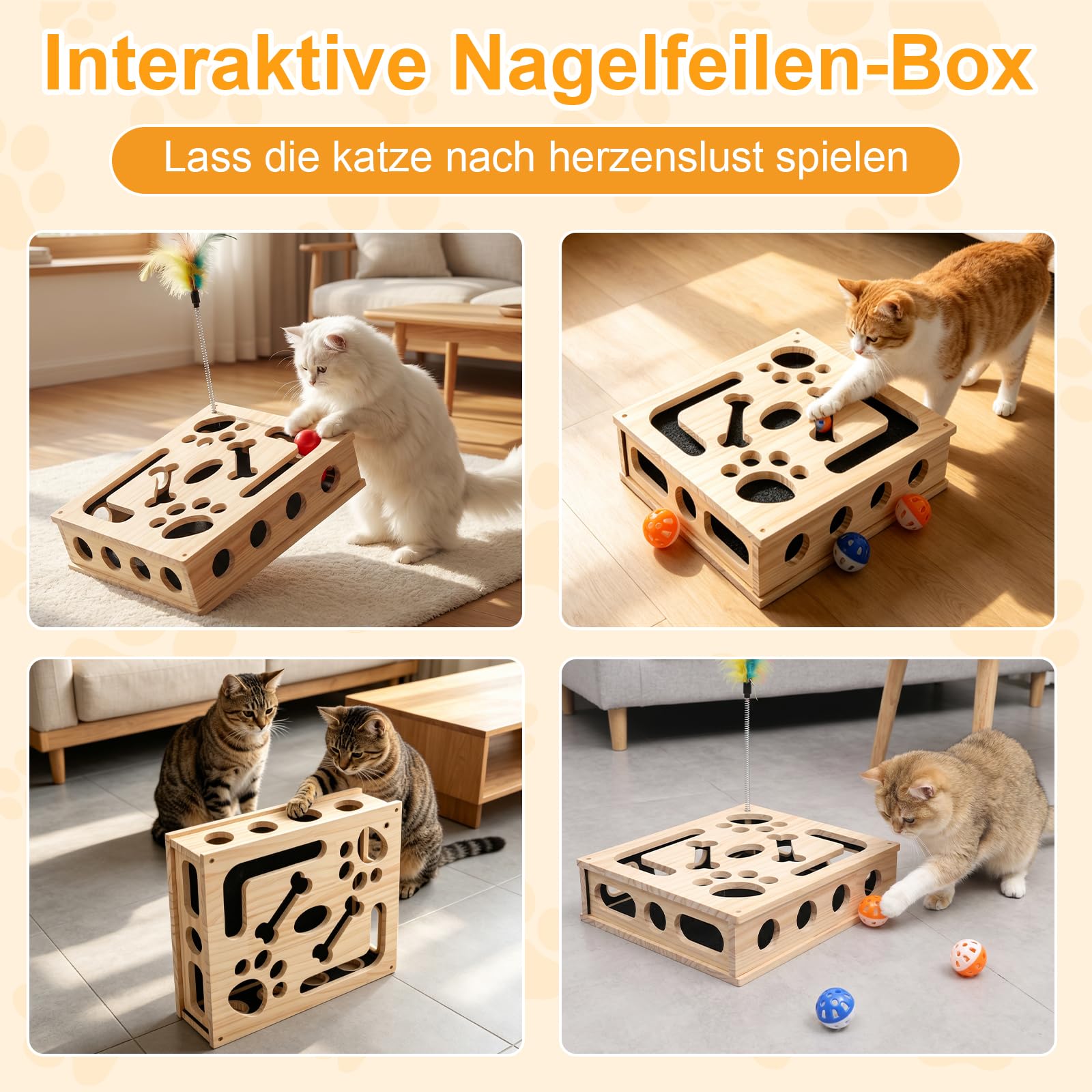 2-in-1 Kratzpuzzle Katzen Set, Katzen Kratzbrett mit Sandpapier, 3 Glockenbällen， Feder und 4 Antirutschmatte, Interaktives Kratzboxen für Katzen Spielen, Entspannen und Krallenwetzen 30x25x8cm