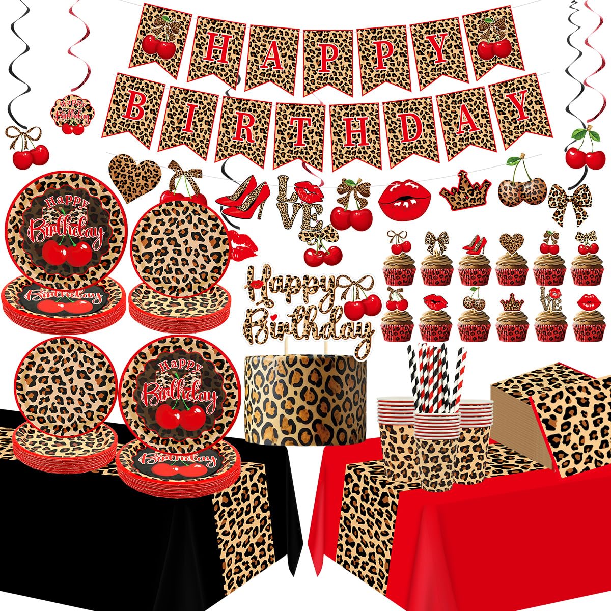 Cheetah Print Birthday Decorations, 20 Guests, Cheetah and Cherry Birthday Decorations Includes Plates, Napkins, Cups, Tablecloth, Banner, Hanging Swirls, Cake Topper for Female