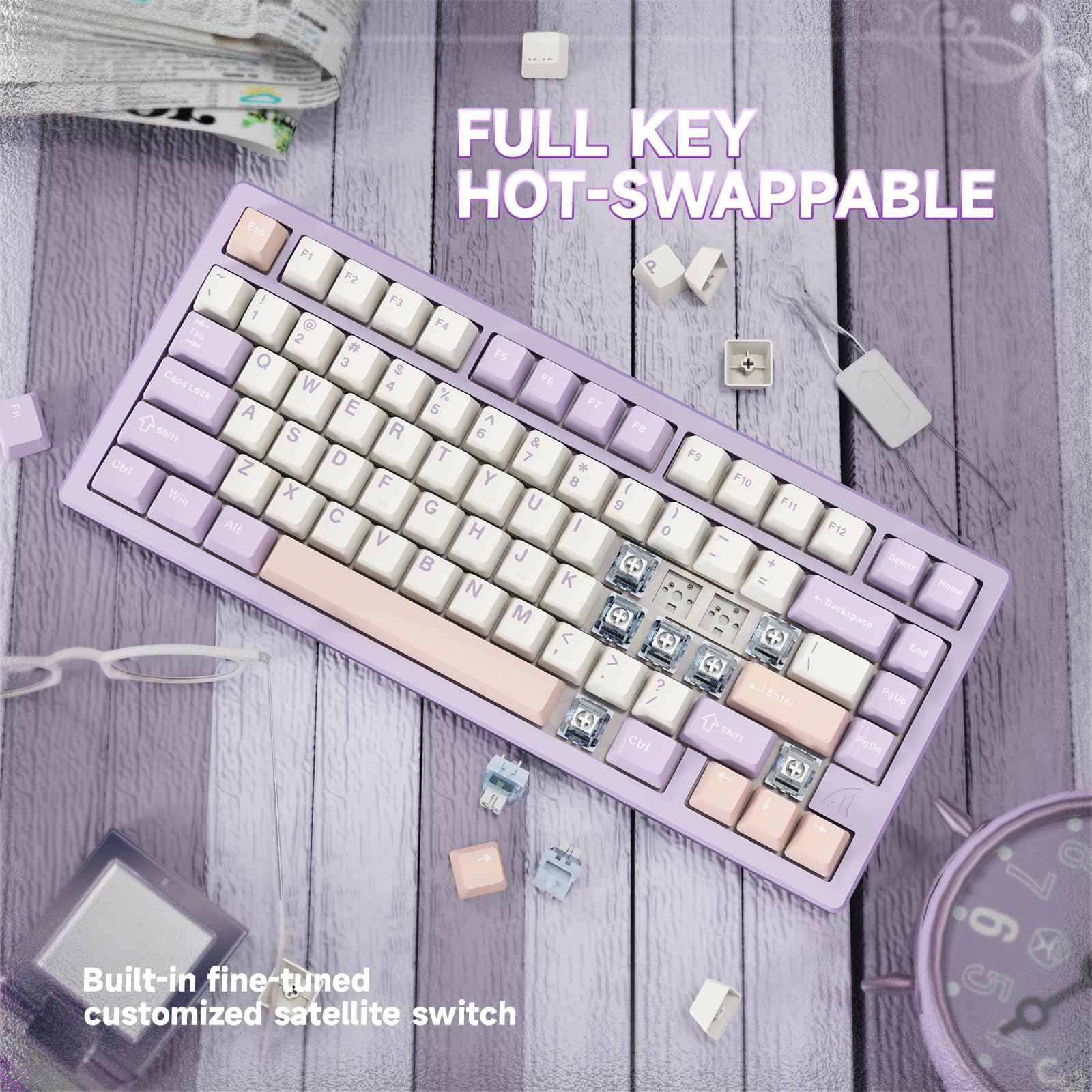LexonElec x ATTACK SHARK X75 CNC Tastiera da gioco wireless in alluminio al 75%, Tri Mode-BT/2.4G/Cablato, Tastiera meccanica RGB montata su guarnizione, batteria da 5000 mAh, Supporta Win/Mac-viola
