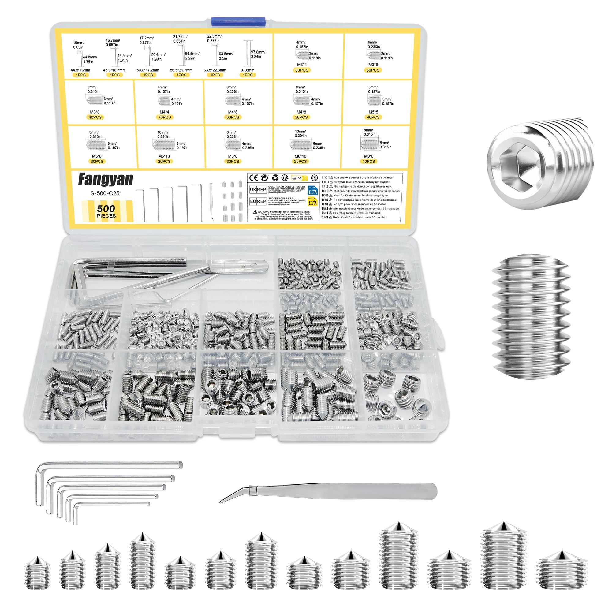 Fangyan 500Pcs M3/M4/M5/M6/M8 Cone Point Grub Screws, Stainless Steel Hex Socket Set Screws with Allen Key & Pick Tool for Machinery Fastening Fixing
