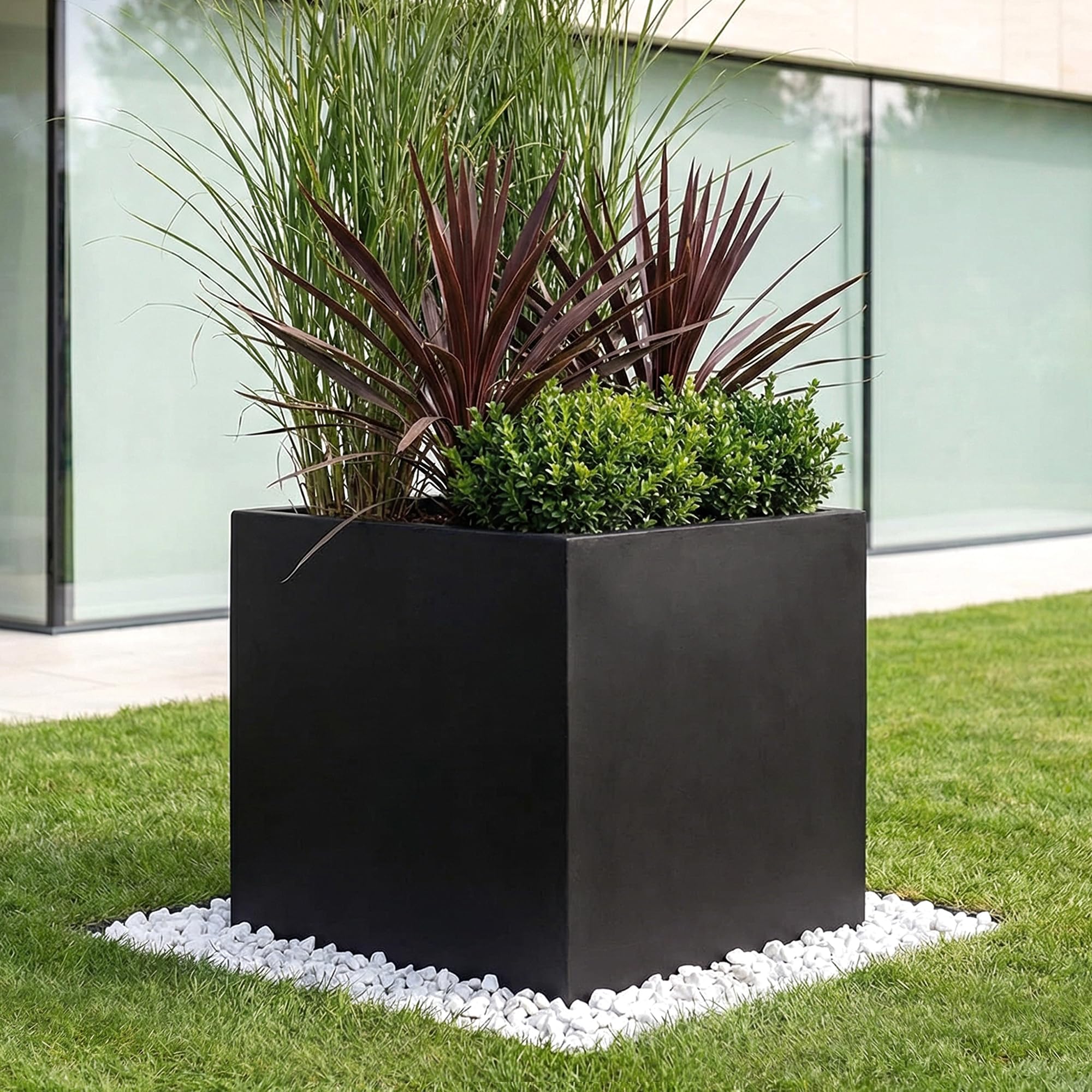 IDEALIST 60cm Planter for Trees | Black Reinforced Stone Flower Pot Large Square with Drainage Holes H60 L60 W60 cm, 195 litres — image 1