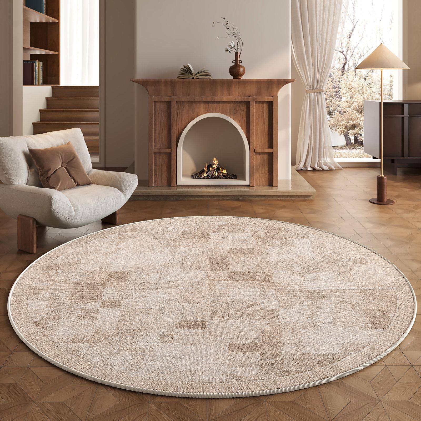 RBQIZVW Round Large Rugs for Living Room,Outdoor Rug - Easy-Cleaning, UV- & Weather-Resistant Patio & Garden Area Rug for Porch, Kitchen & Hallway, Size:60 cm round,Cream Dining Room Circle Rug