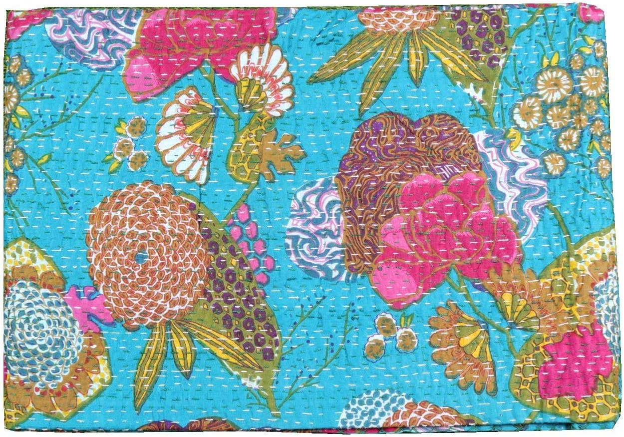 Indian Handmade Cotton Queen Turquoise Fruits Print Kantha Quilt Tribal Bed Cover Reversible Bedspread Blanket Picnic Throw Floral Coverlet 108x90 Inches