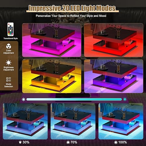 Miniatura 5 de Mesa de centro LED roja para sala de estar, mesa de sala de estar, cuadrada de 2 niveles, moderna, de alto brillo, contemporánea, mesas de centro de