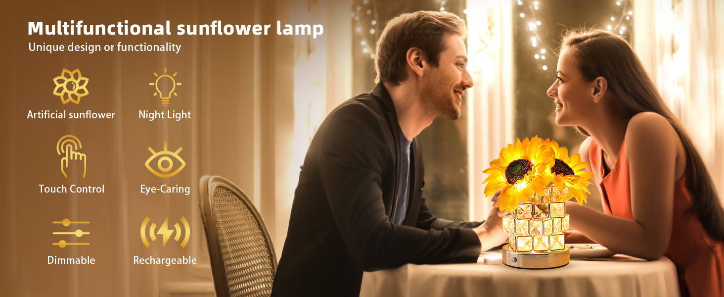 Image of Birthday Gifts for Women,Sunflower Flower Touch Lamp,Rechargeable Cordless 3-Colour Dimming Small Night Light for Festival,Restaurant,Bedroom Housewarming Gifts for Mom