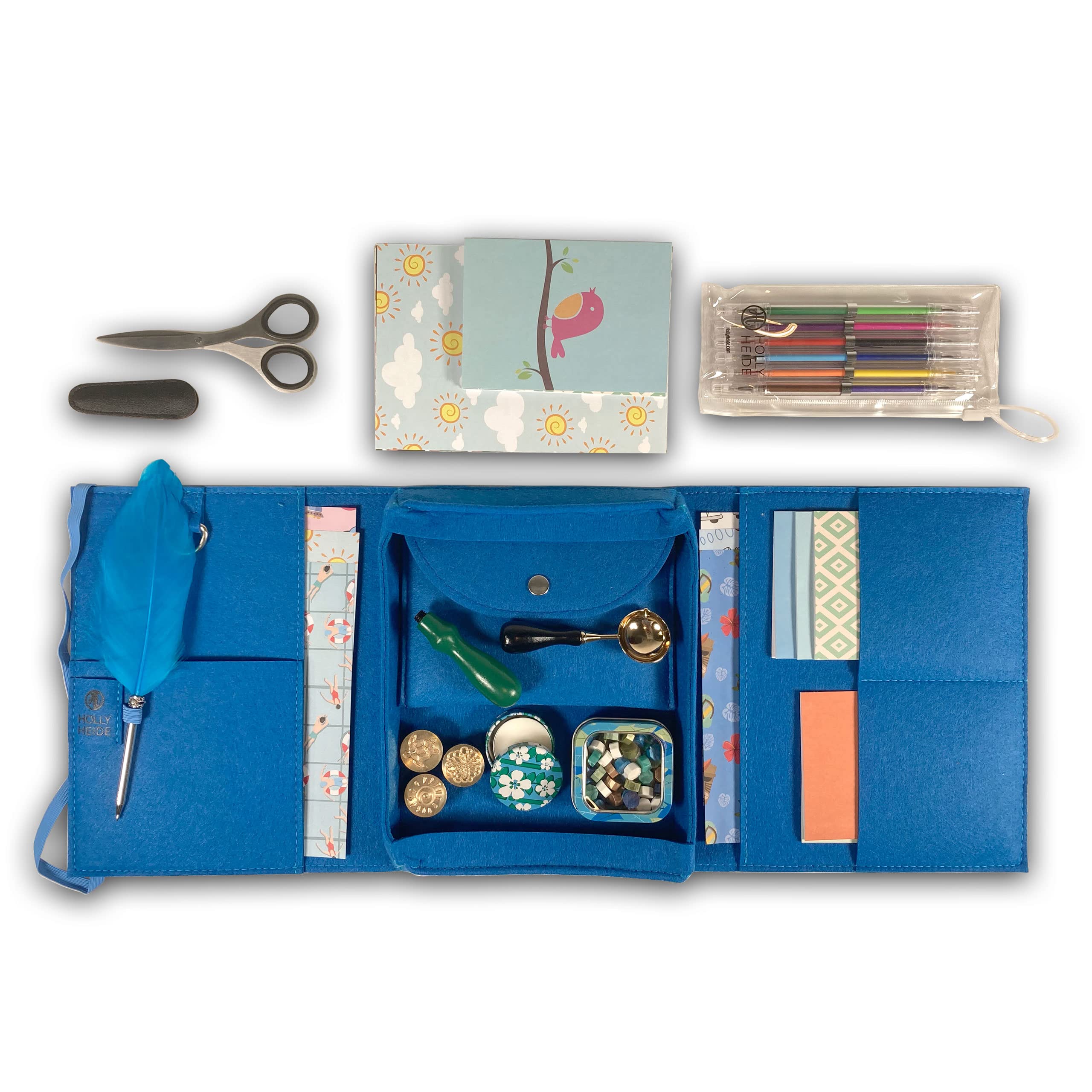 Holly HeideWax Seal Pen Pal Pack (Ocean Blue) - Custom Felt Organizer, Complete Wax Seal Kit, Colorful Wax Seal Beads, Variety Stationery Pack, Vintage Style Scissors, Colorful Gel Pens