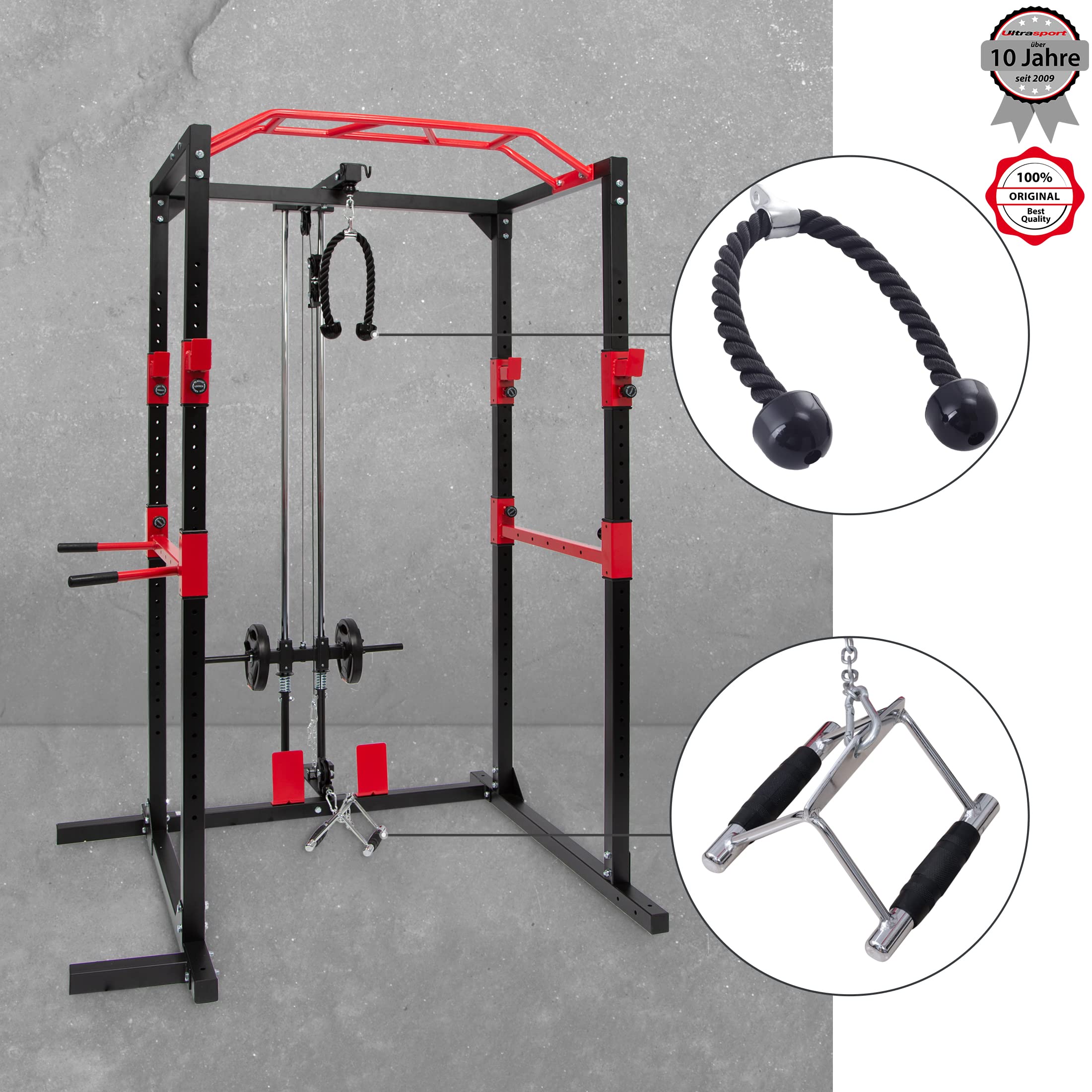 Ultrasport Griffe-Set, bestehend aus Rudergriff und Trizeps-Seil, Ergänzung zu Power Rack mit Seilzugsystem, um deren Workout-Varianten zu erweitern, mit rutschfesten Griffen, Schwarz/Silber