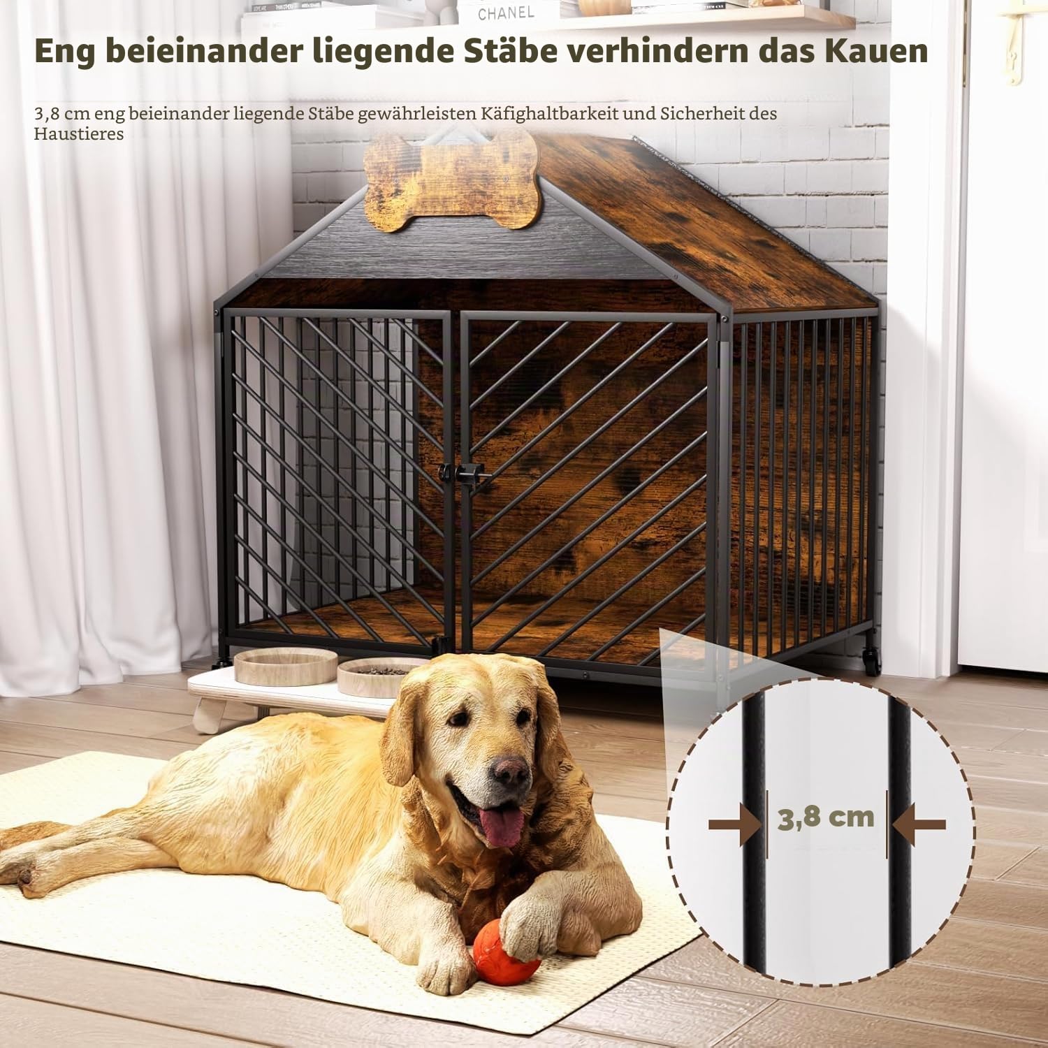 Hundekäfig Möbel, 100 cm Hundebox, Kissen, Rollen, Haustier-id | Hundeschrank für Groß Hunde, Moderne Hundebox für Zuhause, Abschließbar Tür hundekiste, 100×63×94 cm