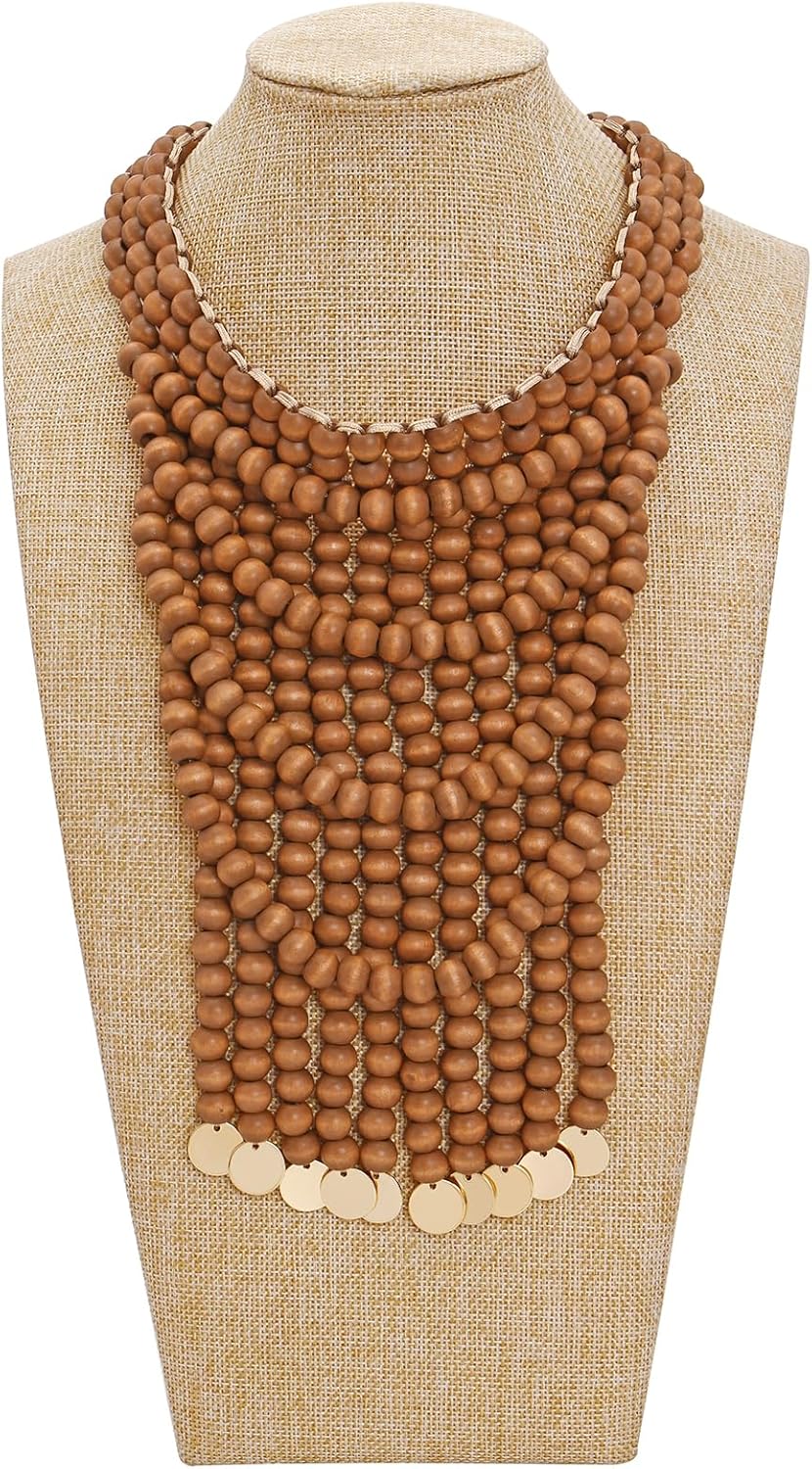 Coiris Boho African Wooden Beaded Bib Statement Choker Necklace Long Multi Strand Chunky Layered Collar Necklace for Women Handmade Jewelry(N0123) - Image 2