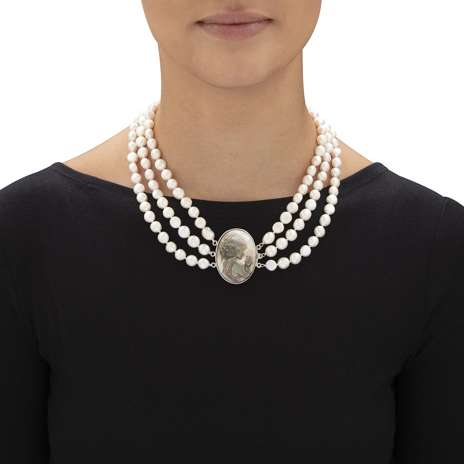 PalmBeach Silvertone Cameo Genuine Peacock Mother of Pearl and Cultured Freshwater Pearl, Multi Strand Necklace, 18 inches