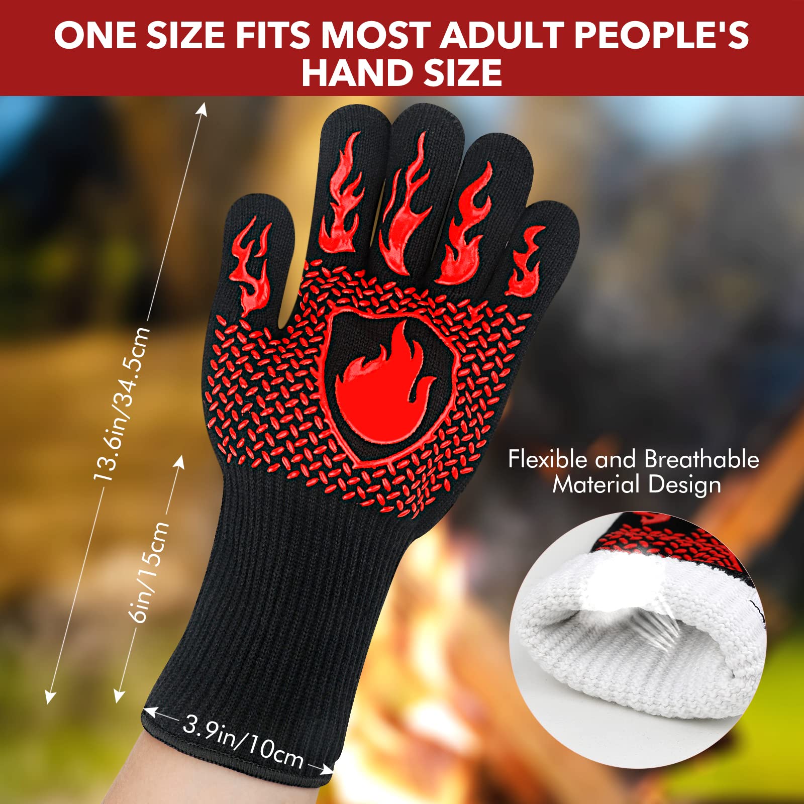 BBQ Gloves, 1472℉ Extreme Heat Resistant Gloves with Long Cuff