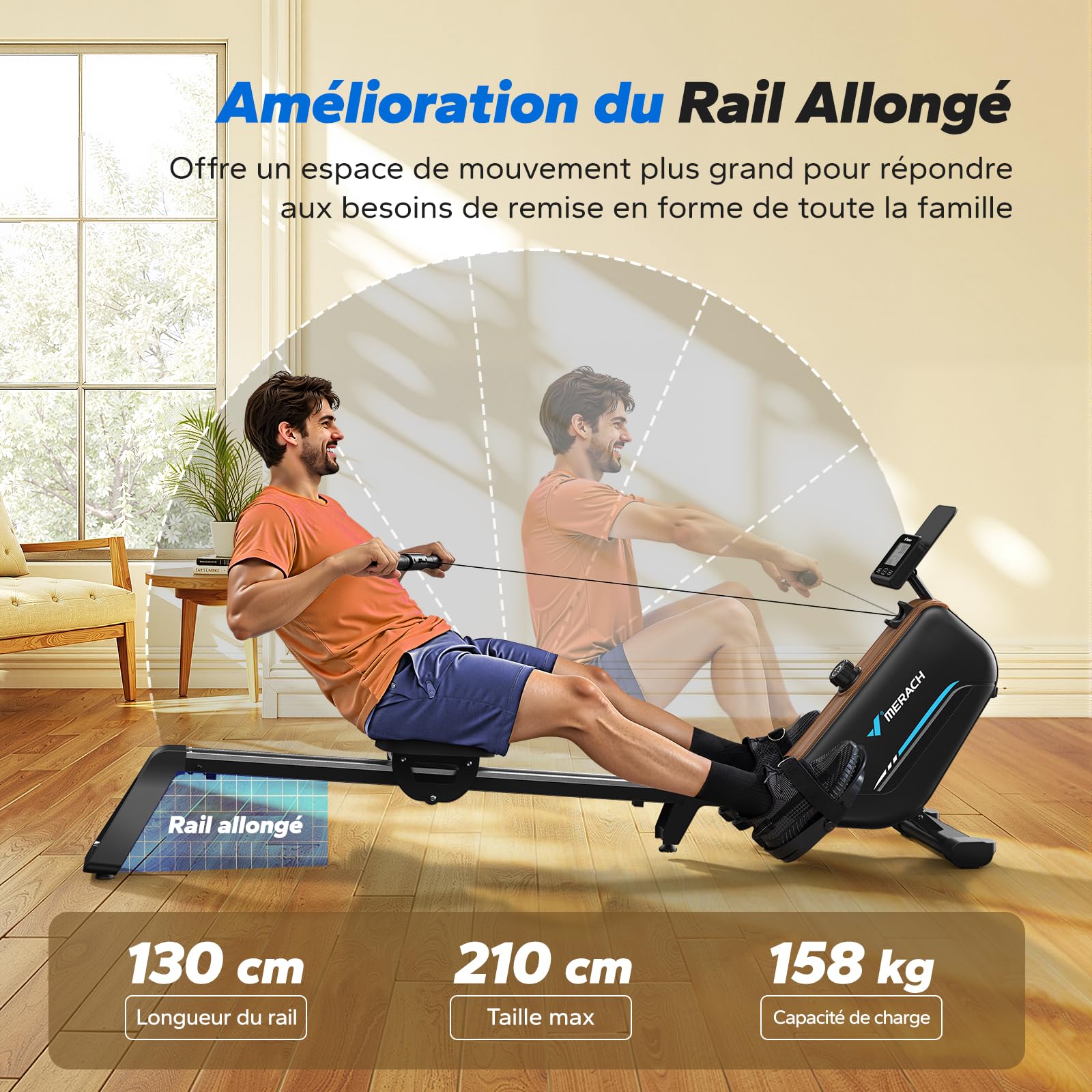 MERACH Rameur d'appartement, Rameur Magnétique Silencieux, Rails Améliorés et Allongés de 130 cm pour Une Plus Grande liberté de Mouvement, équipé d'une Application Exclusive
