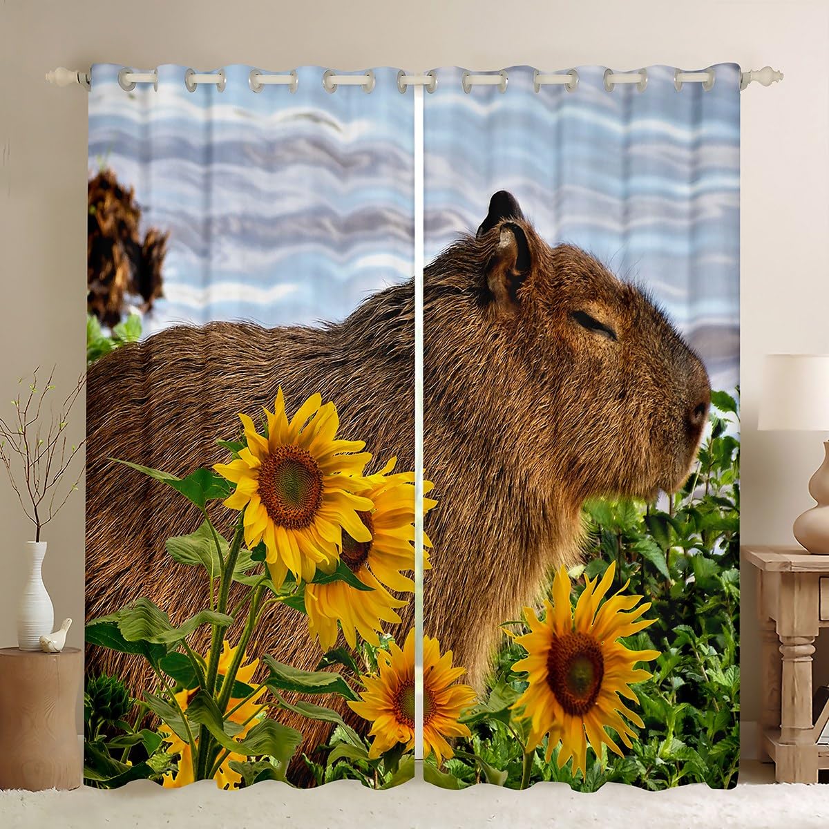 Homemissing Capybara Curtains for Bedroom Living Room Kids Capybara Animals Lovers 30%-50% Blackout Curtains Botanical Sunflower Darkening Drapes Blossom Yellow Window Treatments W52*L90
