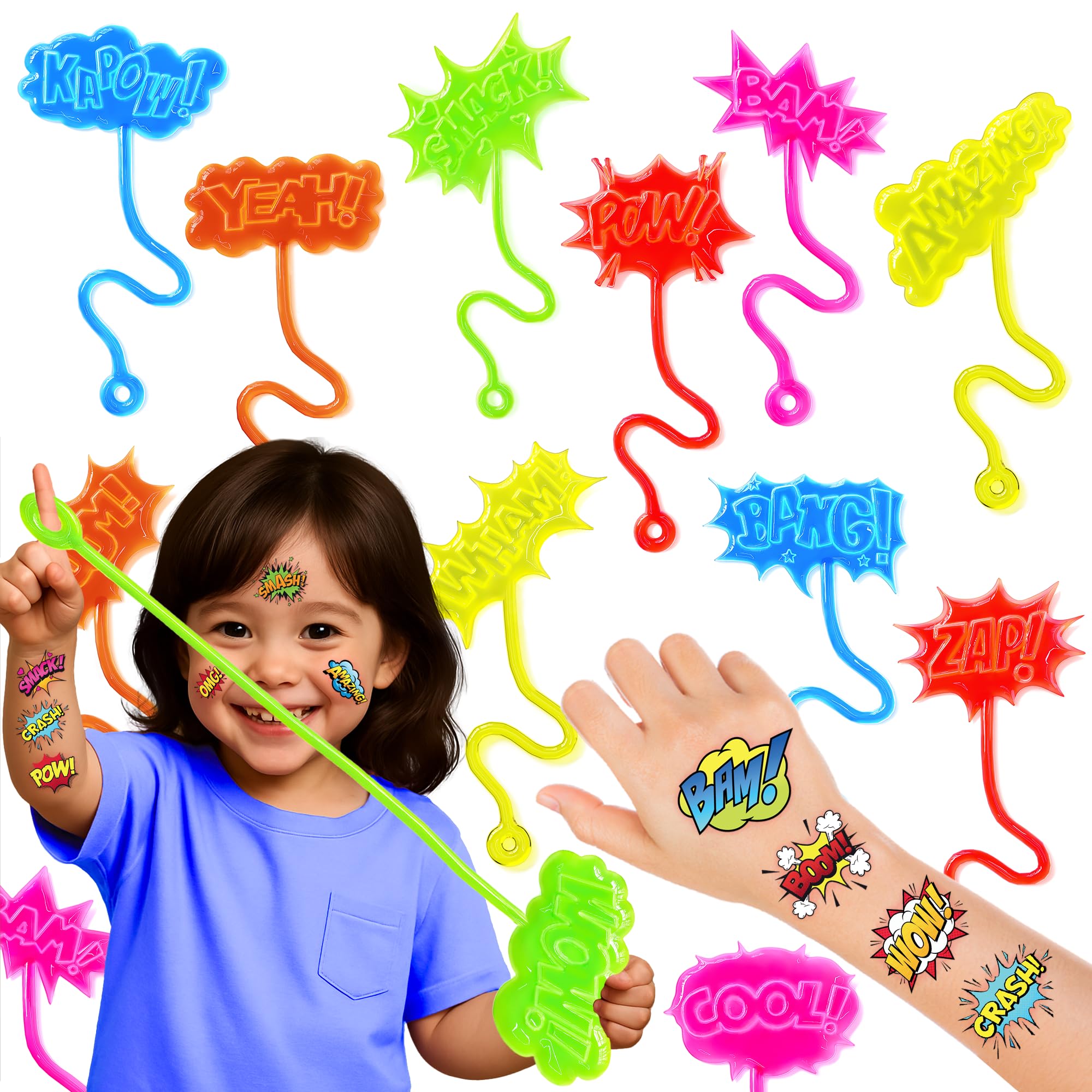 48 PCS Hero Pow Party Favors - 24 Temporary Tattoos & 24 Stick Hands