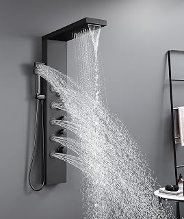 ROVATE Matte Black 4-in-1 Shower Panel Tower: Rainfall Waterfall Head, 5 Adjustable Jets, Handheld Wand, Stainless Steel High-Pressure System