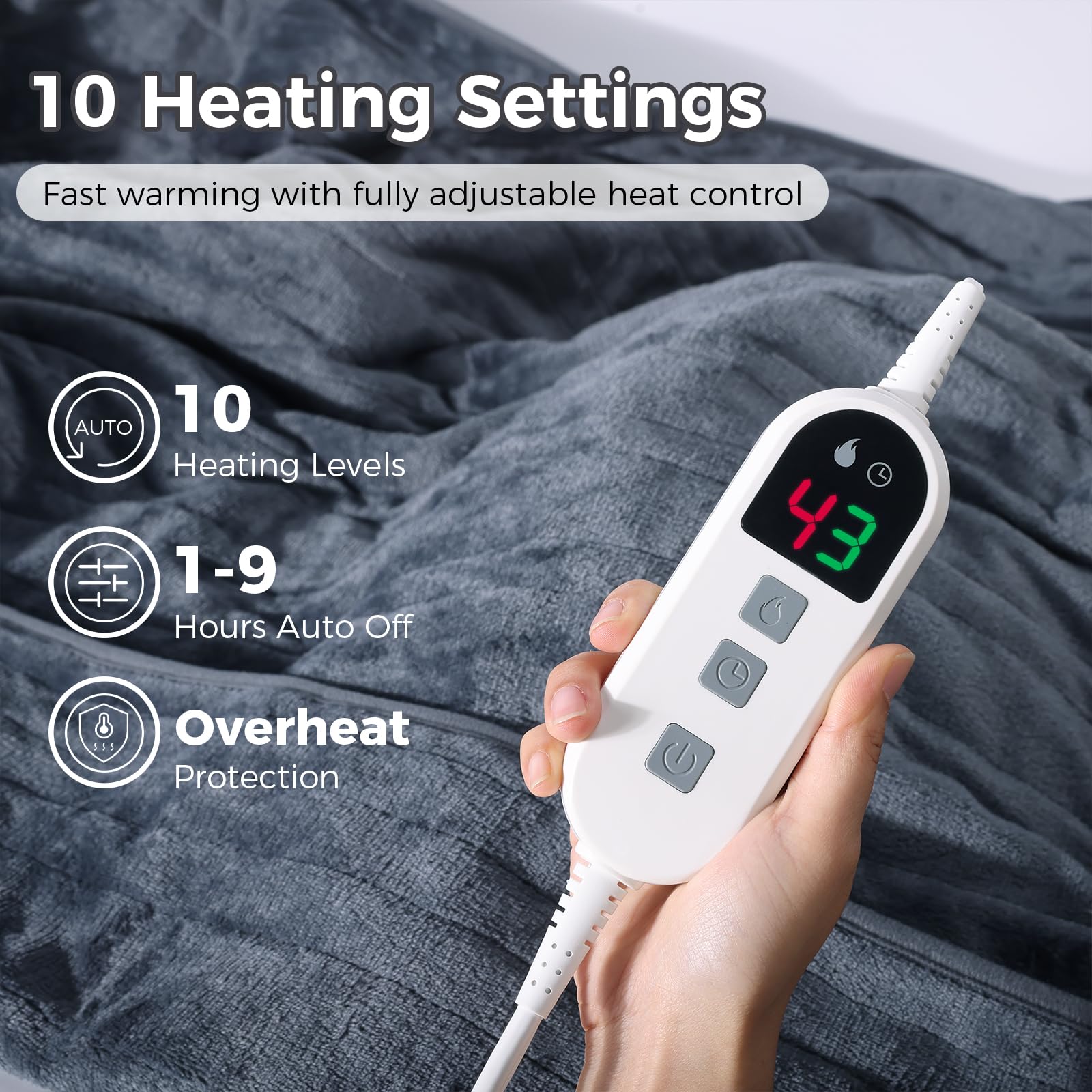 Elytsemoh Coperta Riscaldante Elettrica, Coperta Termica 160x150cm in Doppia Flanella, Lavabile in Lavatrice, Timer 9 Ore e 10 Impostazioni Di Calore Lavatrice, Per Divano, Letto, Ufficio