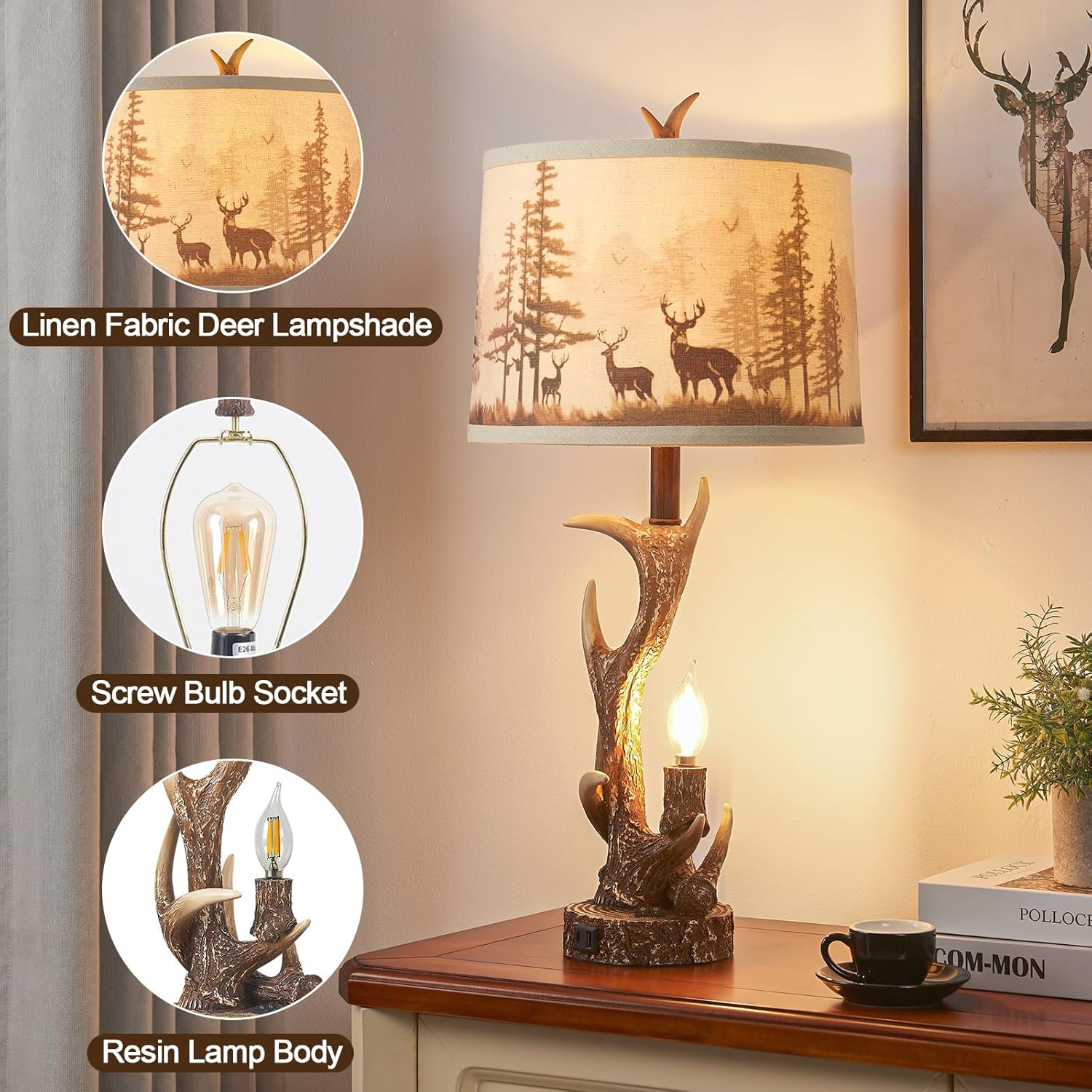 2PACK Rustic Antler Table Lamps Included 4 Bulbs for Bedroom, 28'' Farmhouse Antler Table Lamp with Deer Forest Lampshade USB + Type C Ports Decor for Living Room End Table Cabin Office House