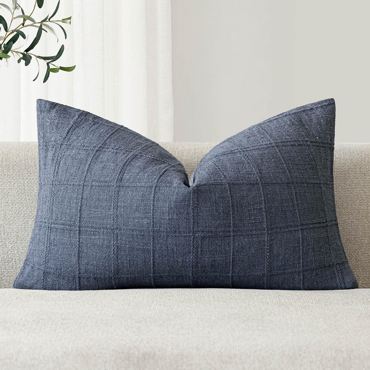 Foindtower Set of 1 Decorative Linen Check Throw Pillow Cover Neutral Farmhouse Lumbar Cushion Cover Modern Coastal Boho Home Decor for Sofa Chair Couch Bedroom Living Room,12×20 Inch,Blue