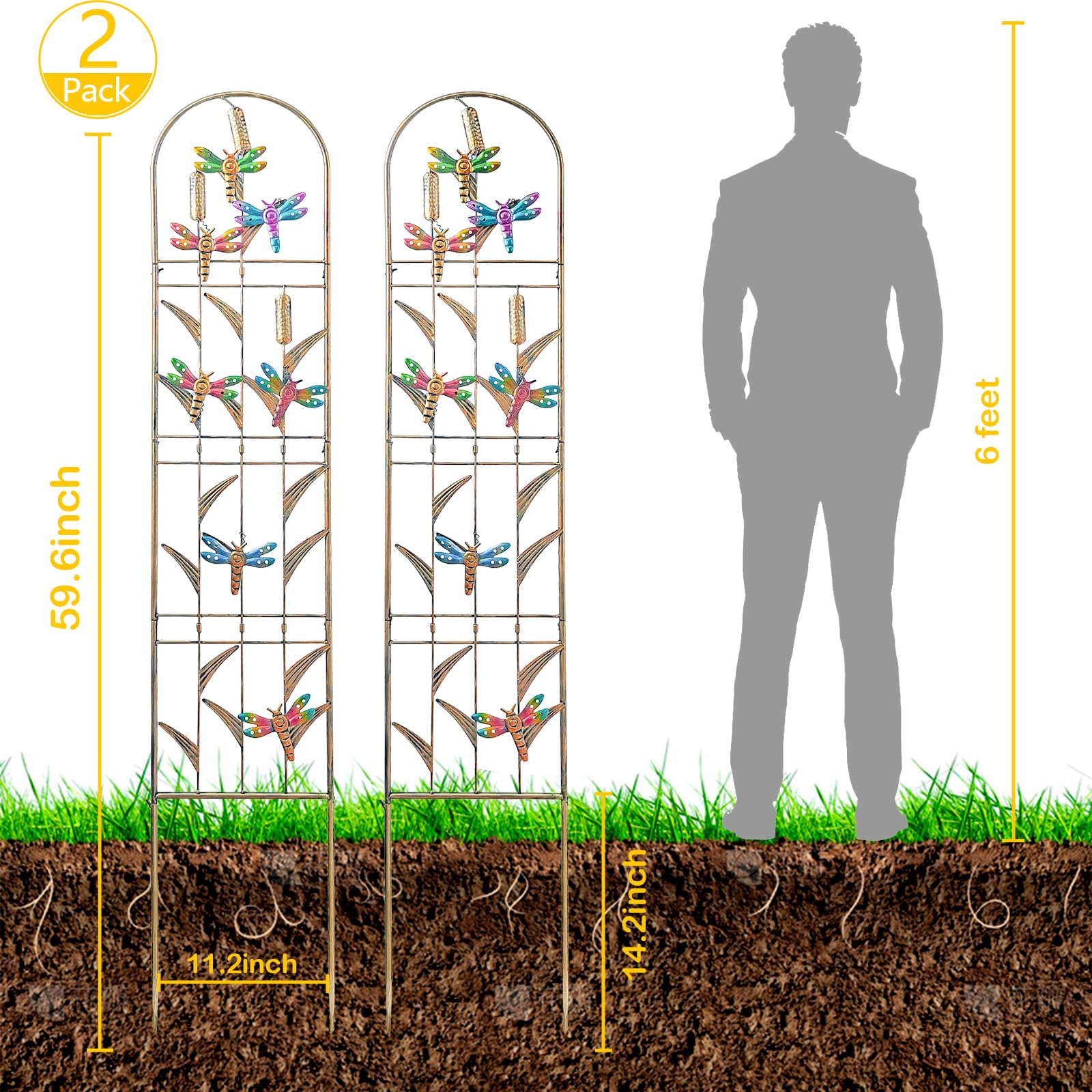 aboxoo Set di 2 graticci da giardino in metallo a forma di libellula per piante rampicanti, fiori decorativi per esterni, per patio, giardino, prato, cortile, cortile, staffe da parete, 152 cm di
