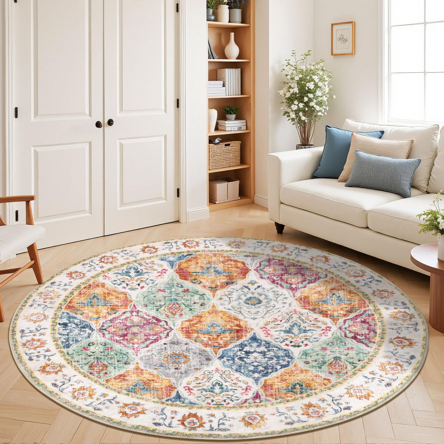 SHACOS Round Rugs for Living Room 120 cm Washable Soft Fluffy Circle Rug Non Slip Vintage Boho Round Area Rug for Bedroom Kids Room Home, Colourful โ image 1