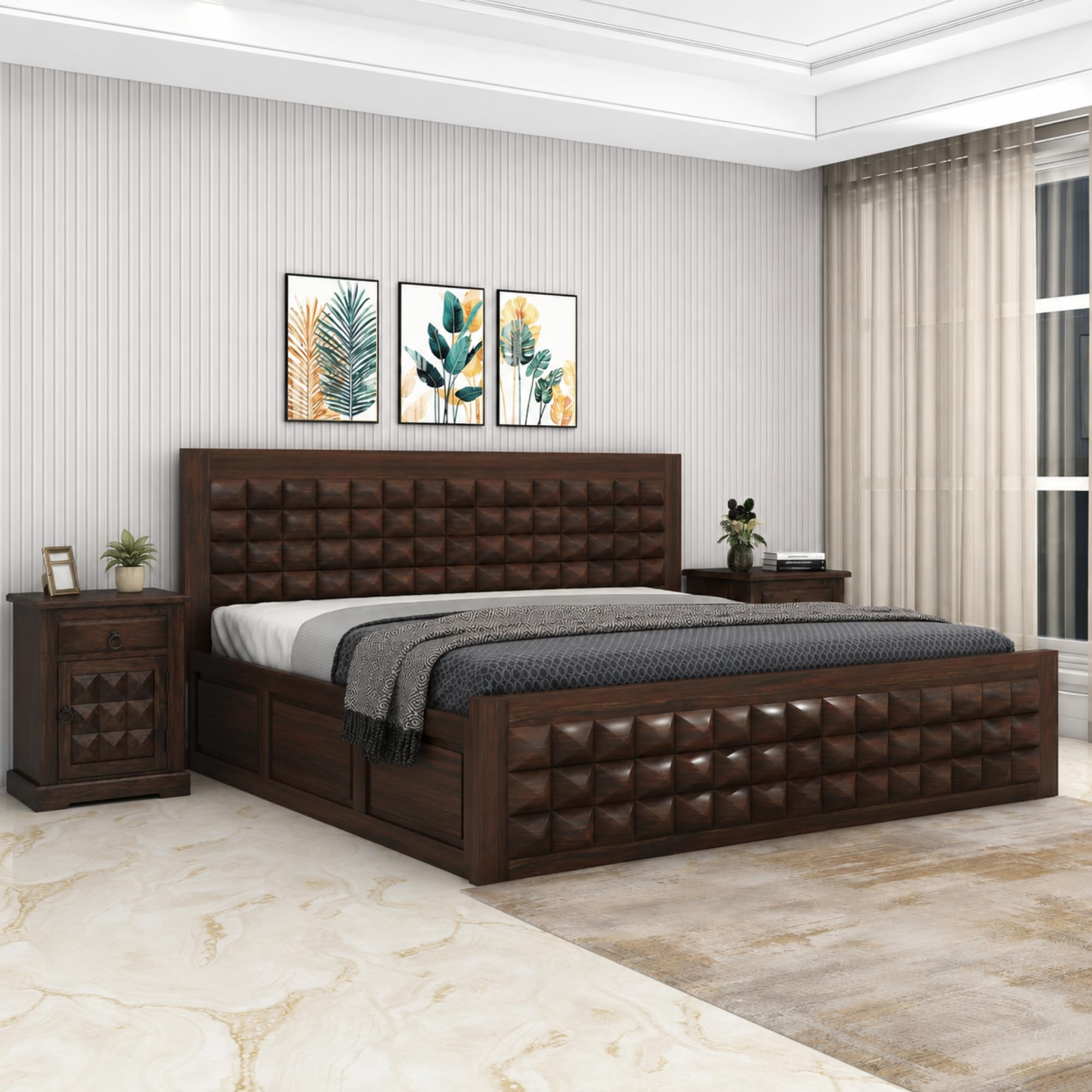 SONA ART & CRAFTS Diamond Sheesham Wood Queen Size Bed with Storage Box | Double Bed with Box | Solid Wooden Bed Queen Size Cot for Home - Walnut Finish (Assembly Included)