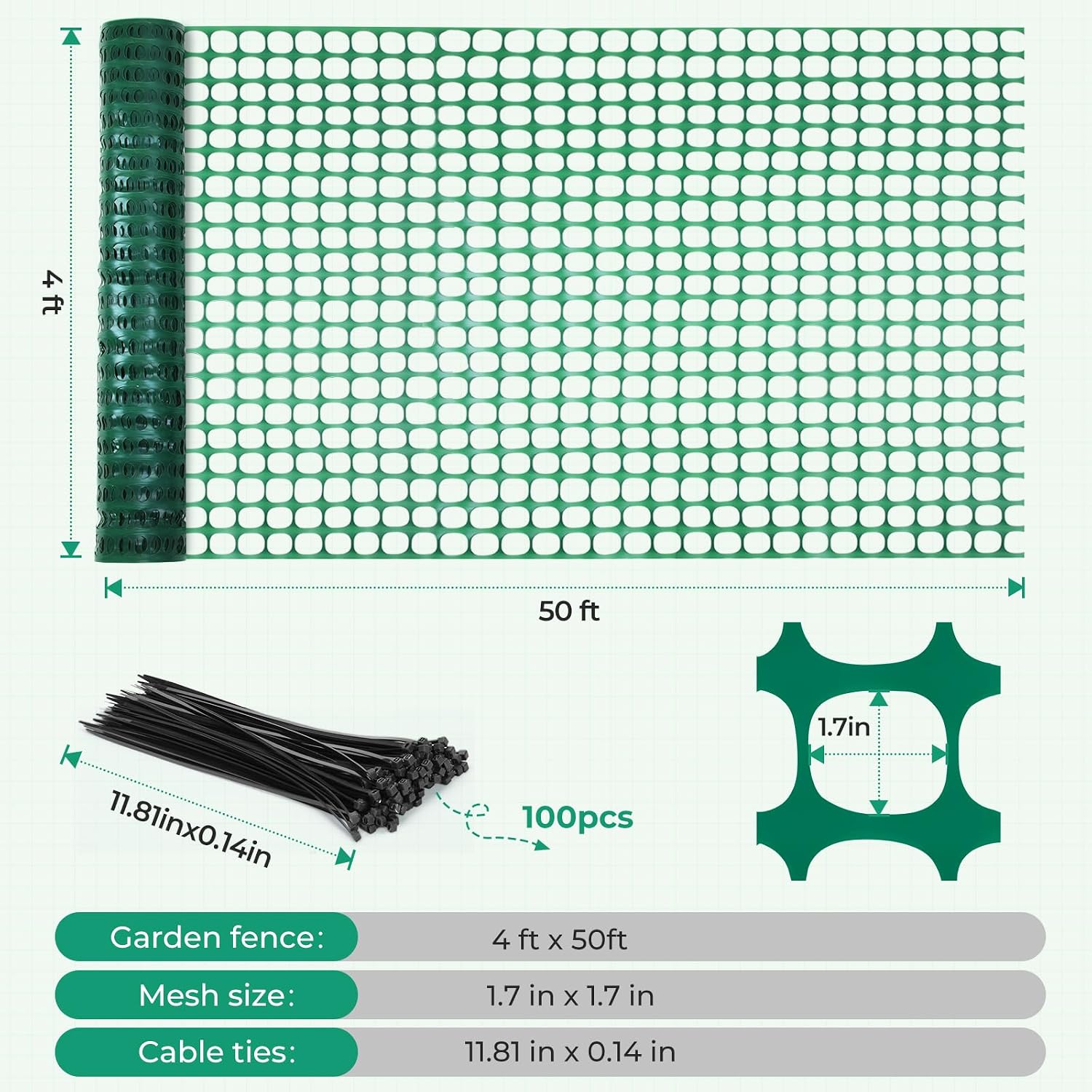 Ohuhu Garden Fence Animal Barrier: 4'x50' Reusable Netting Plastic Safety Fence Roll with Zip Ties, Temporary Pool Fence Snow Fence Construction Fencing for Poultry Deer Rabbits Chicken Dogs, Green