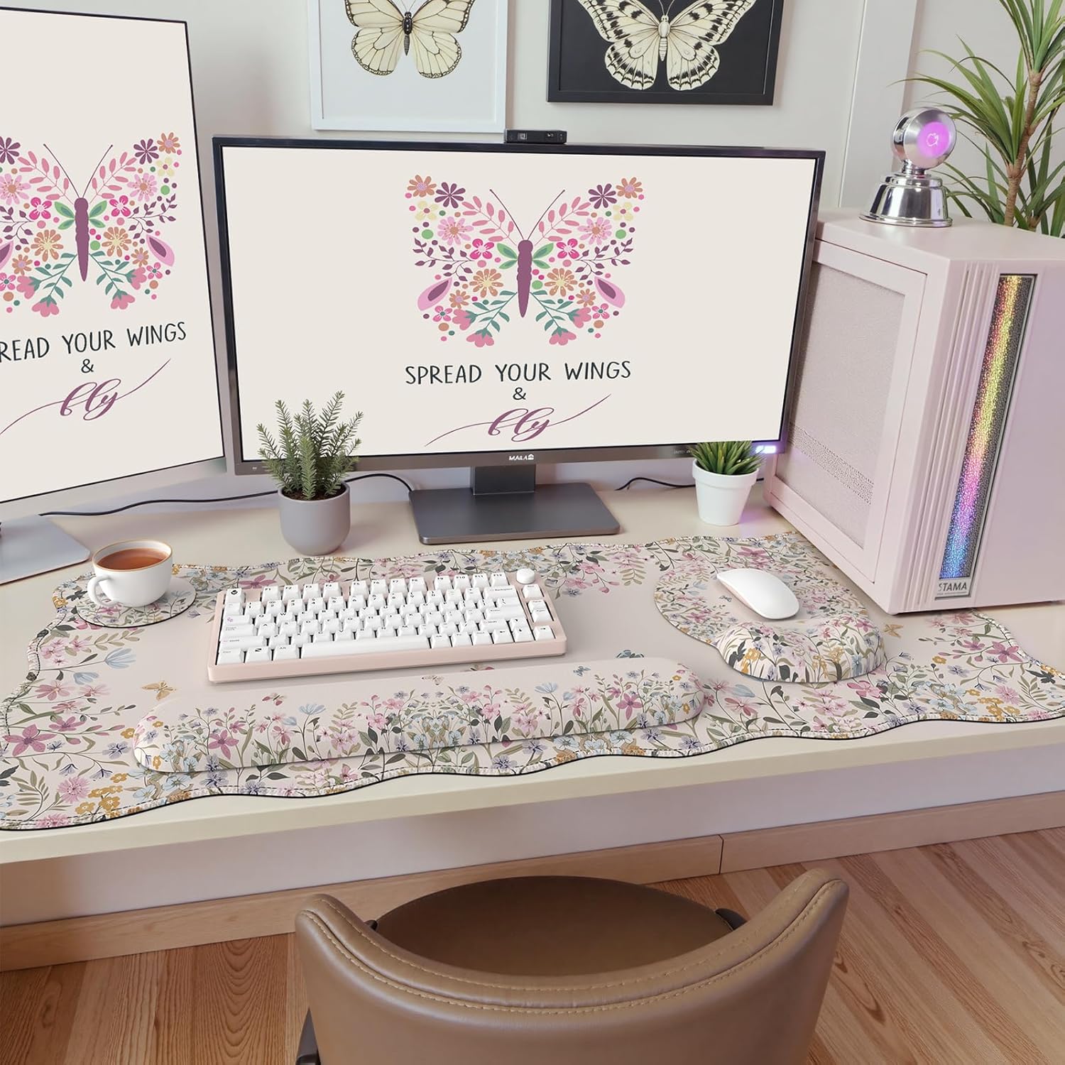 iCasso Desk Mat Set,Large Mouse Pad with Wrist Rest,Ergonomic Keyboard Wrist Support for Women,Girly Floral Computer Mat with Scalloped Edges,Non-Slip Desk Pad Home Office Gaming (Beige)