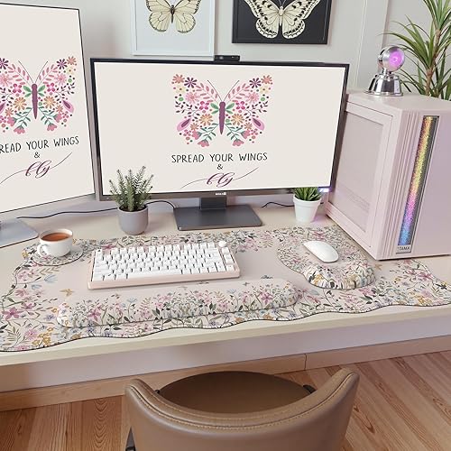 Miniatura 7 de iCasso Juego de alfombrillas de escritorio, alfombrilla grande para mouse con reposamuñecas, soporte ergonómico para teclado para mujeres, tapete de
