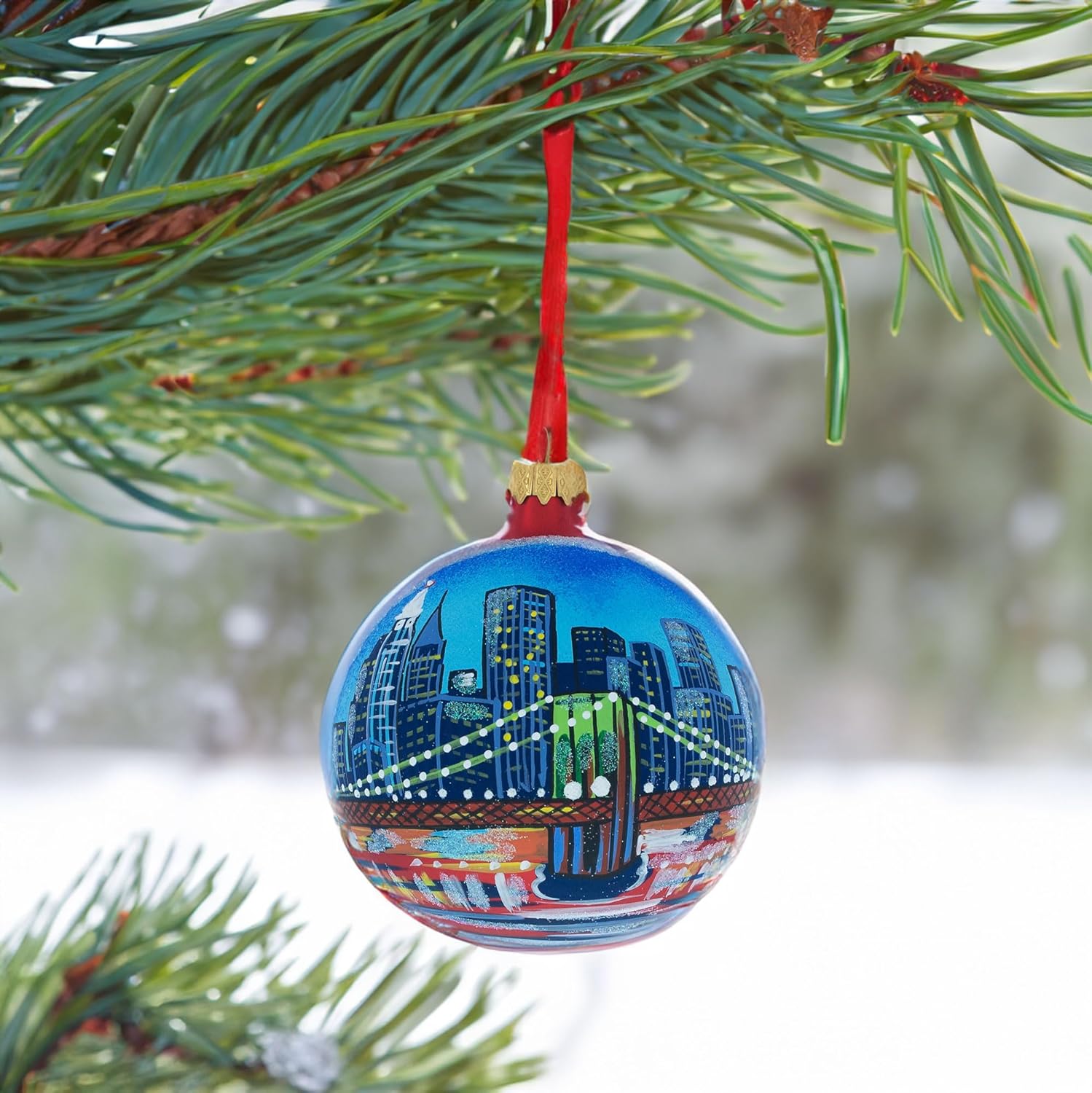Brooklyn Bridge, New York Glass Ball Christmas Ornament 4 Inches