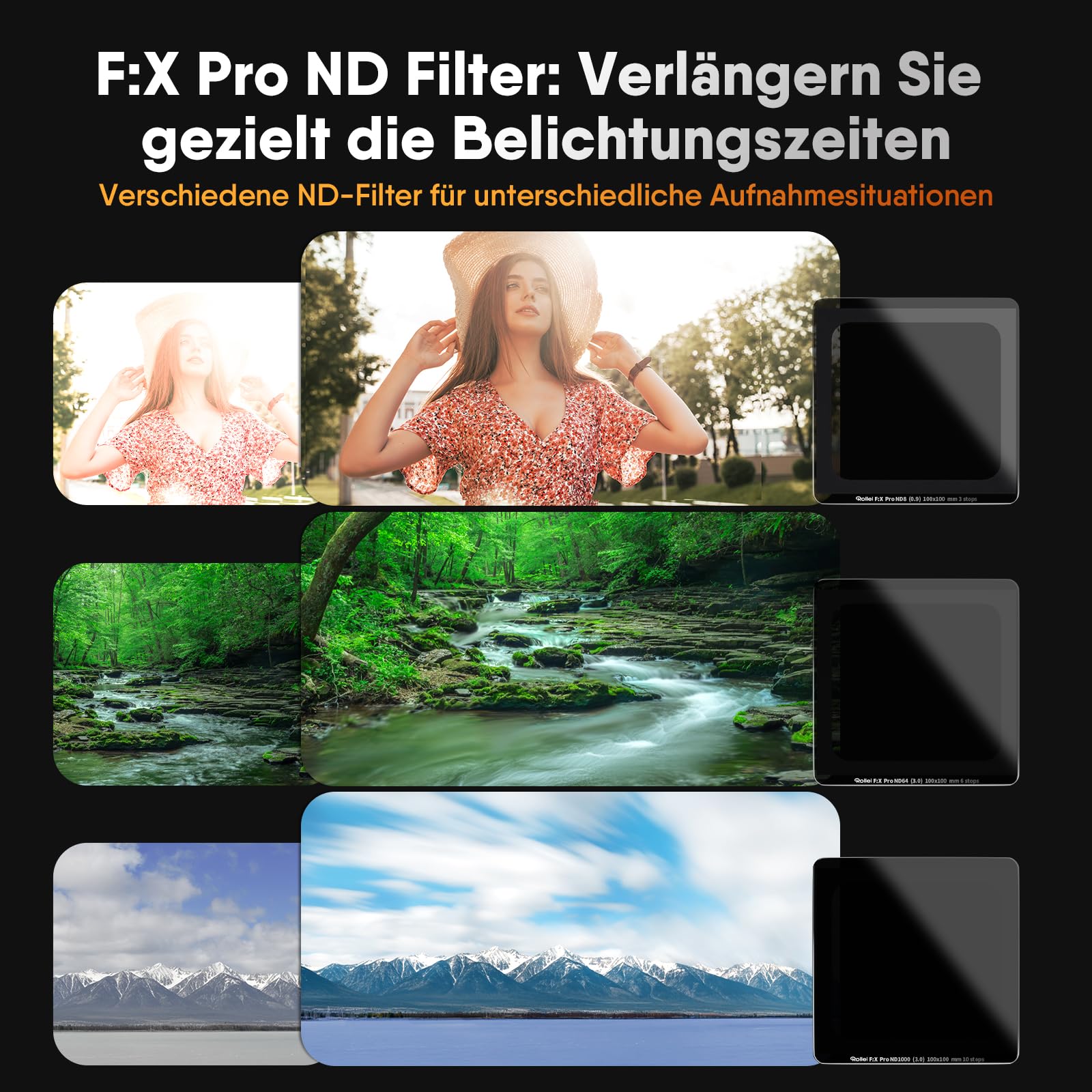Rollei Filterhalter Master-Set MK 3. Rechteck-Filterhalter inkl. magnetischem CPL Filter, Adapterringen von 52 bis 82mm,Soft GND8-,ND8-,ND64-,ND1000