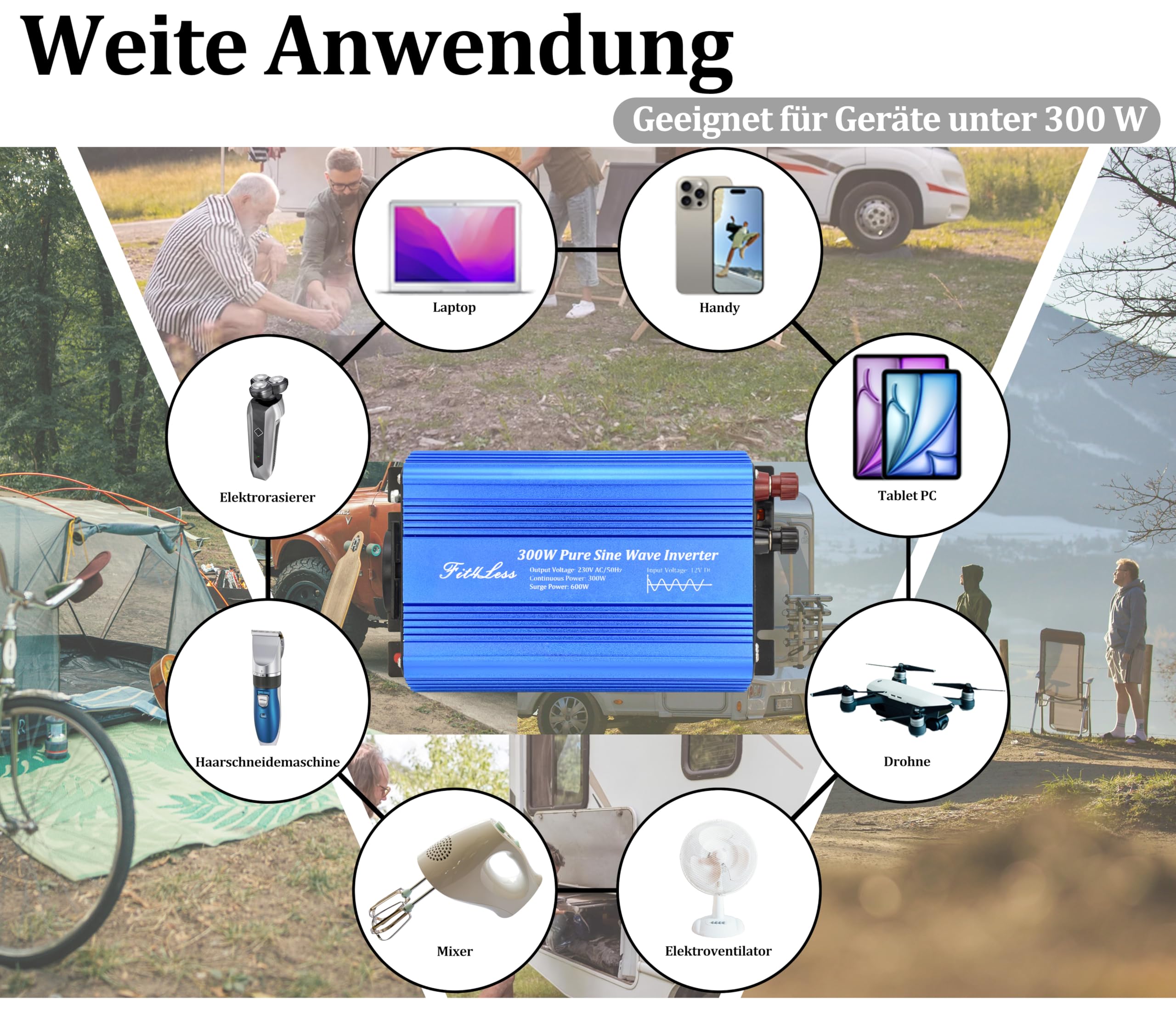 Reiner Sinus-wechselrichter 300 Watt mit Deutsche Steckdosen,DC 5 V 2 A USB-Ausgang (300W)