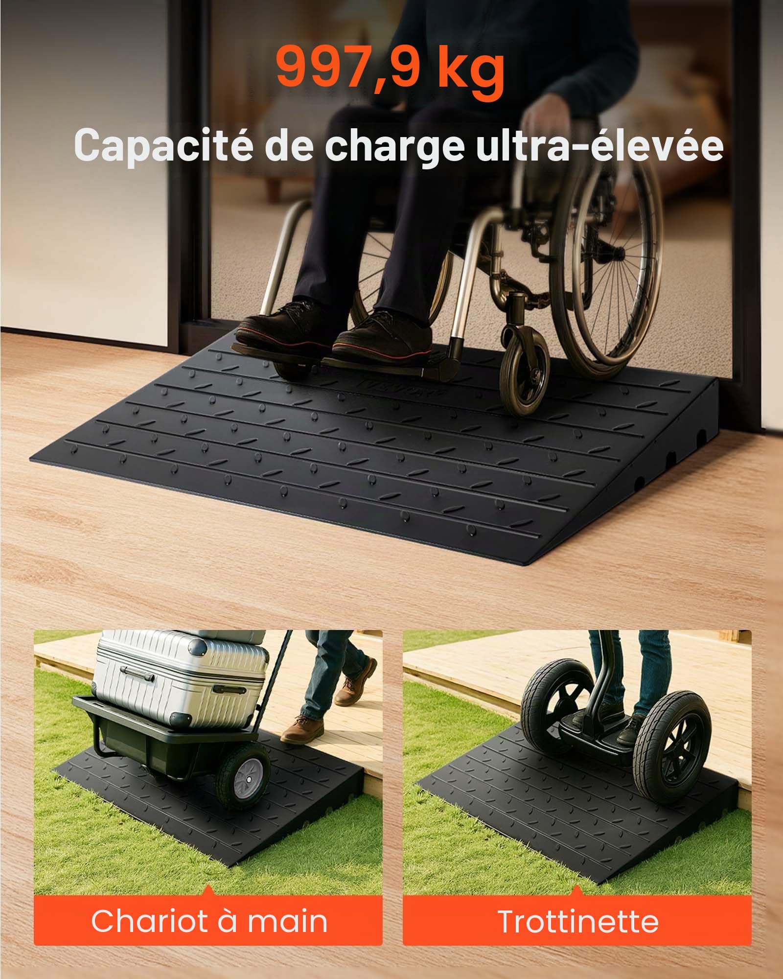 VEVOR Rampe de seuil en Caoutchouc, 10,2 cm, Couverture de Cordon à 3 canaux, Rampe de seuil Solide, entrée coudée en Caoutchouc, capacité de Charge nominale 1000 kg pour Fauteuil Roulant et Scooter