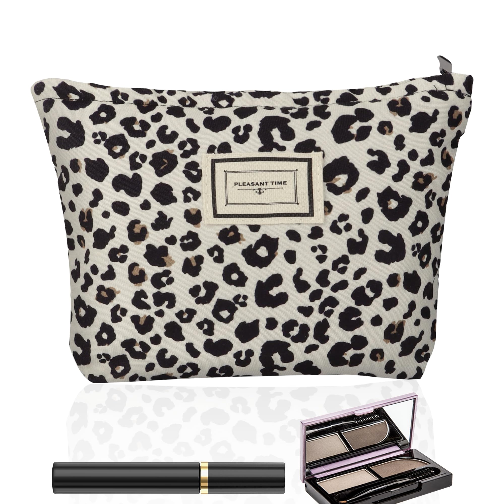 1Pc Leopard Print Makeup Bag Soft to Touch Canvas Cosmetic Pouch Easy to Carry Waterproof Travel Toiletry Organizer with Zipper for Women Girls 20x25cm